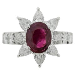 Ruby Diamond Platinum Flower Ring, GIA Certified