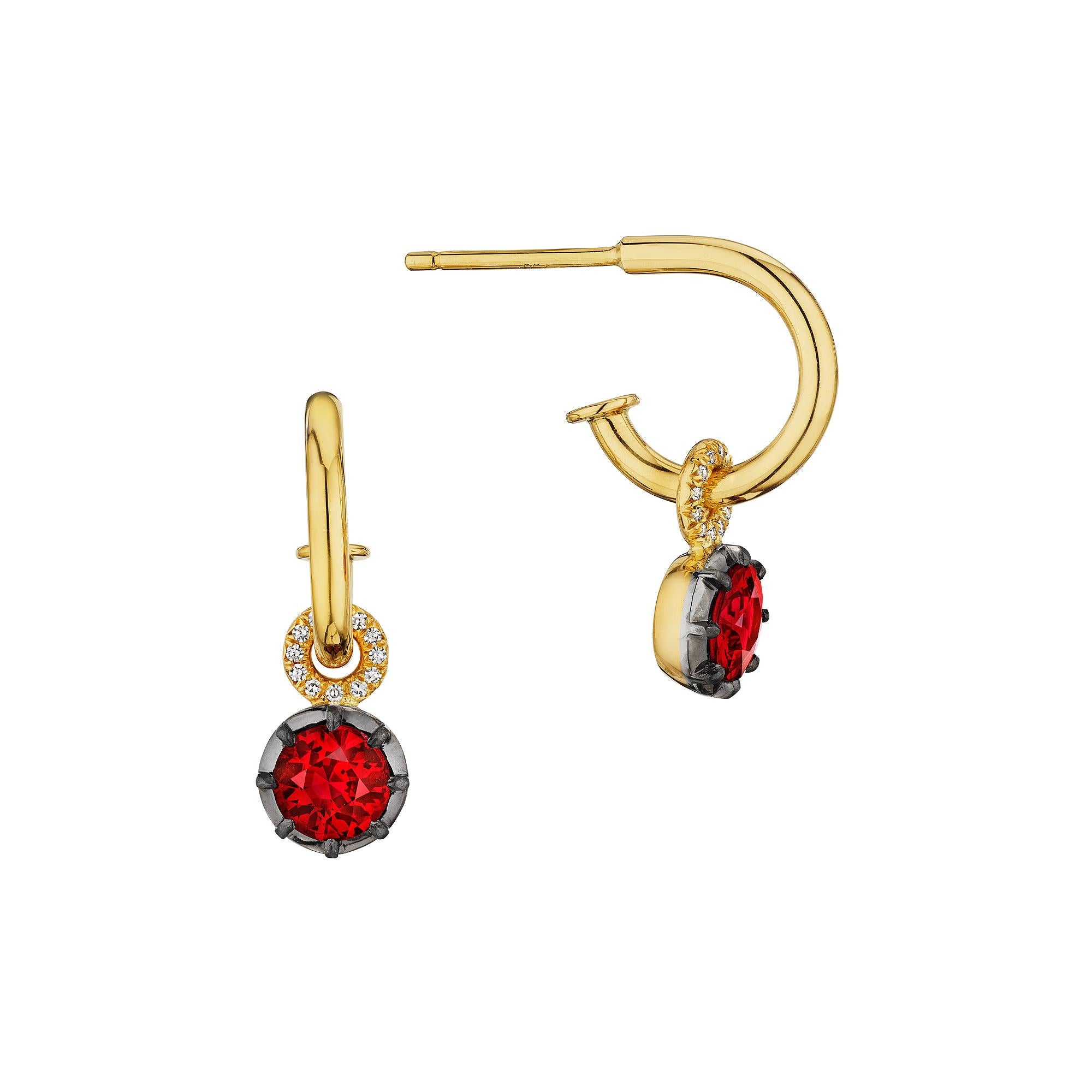 Round Cut Ruby Diamond Platinum Gold Drop Hoop Earrings For Sale