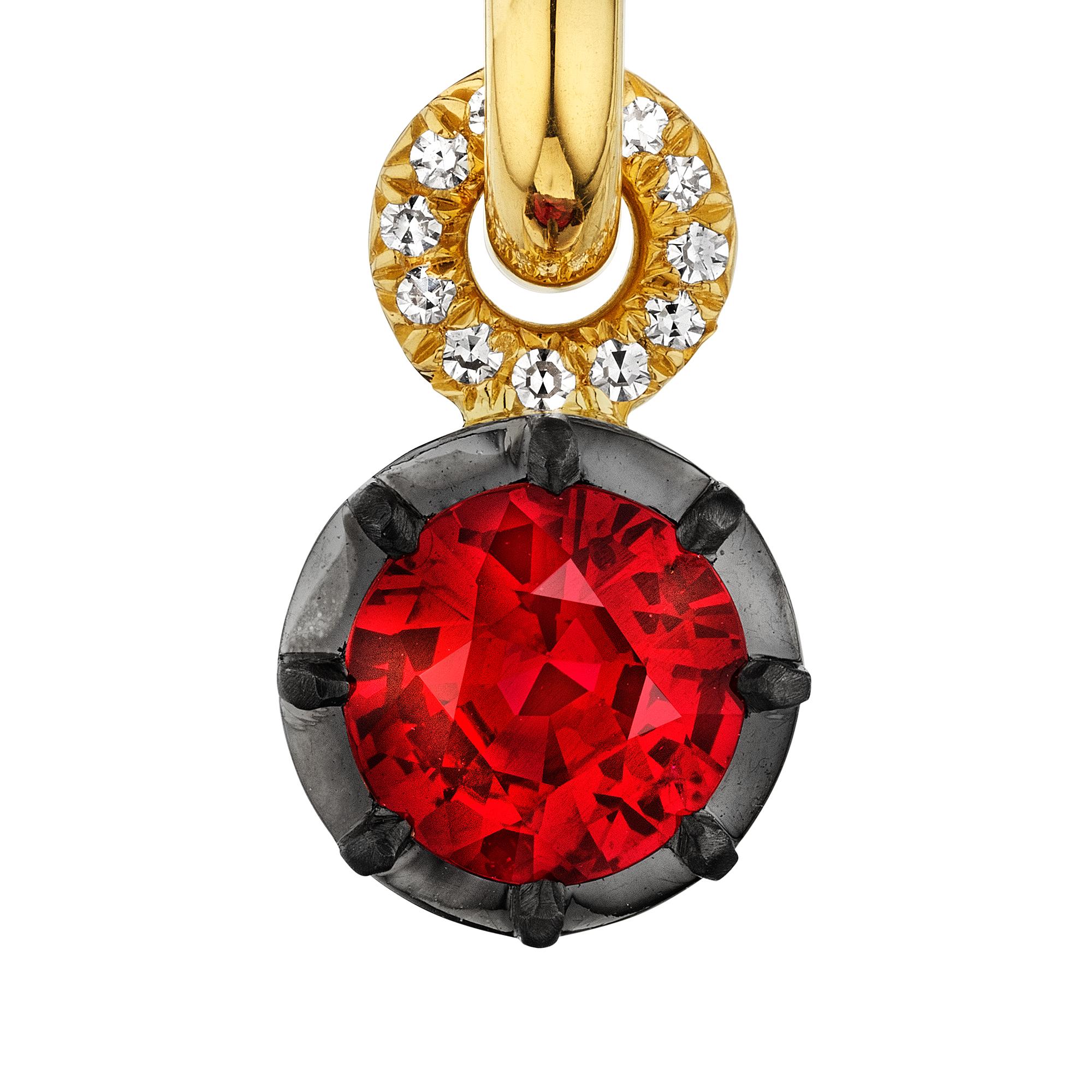 Ruby Diamond Platinum Gold Drop Hoop Earrings In Excellent Condition For Sale In Greenwich, CT
