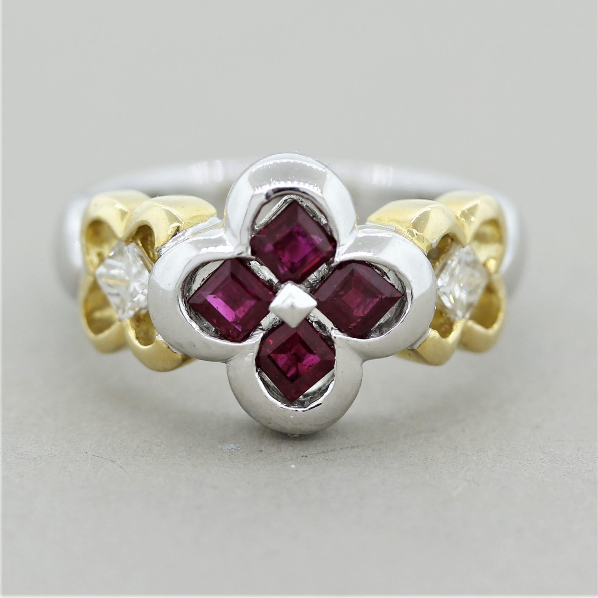 A sweet ring made in both platinum and 18k yellow gold, the best of both worlds! It features 4 square shaped bright red rubies weighing 0.94 carats which are set in the center of the ring in a floral pattern. Accenting the rubies are 2 princess-cut