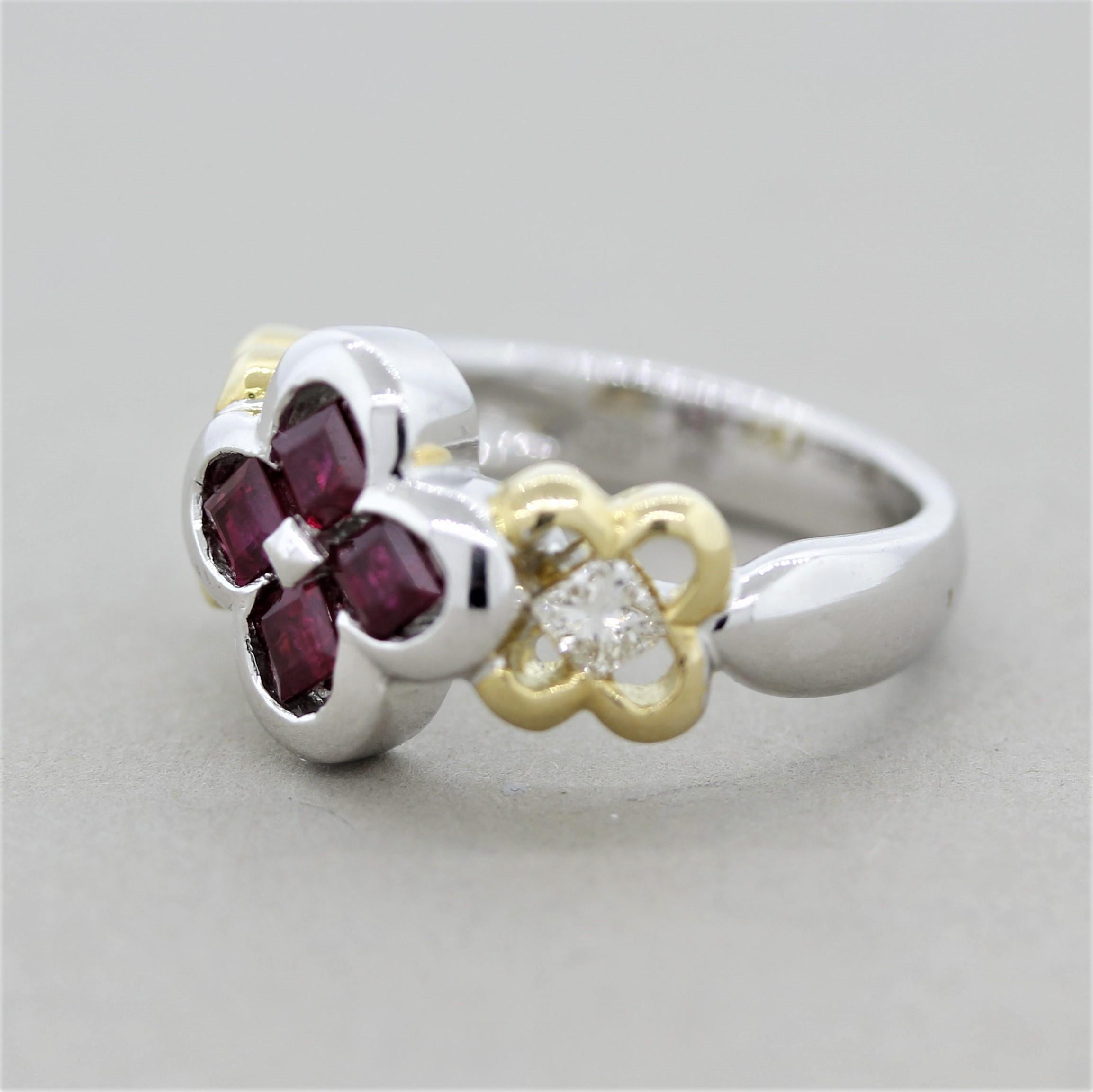 Mixed Cut Ruby Diamond Platinum and Gold Floral Ring