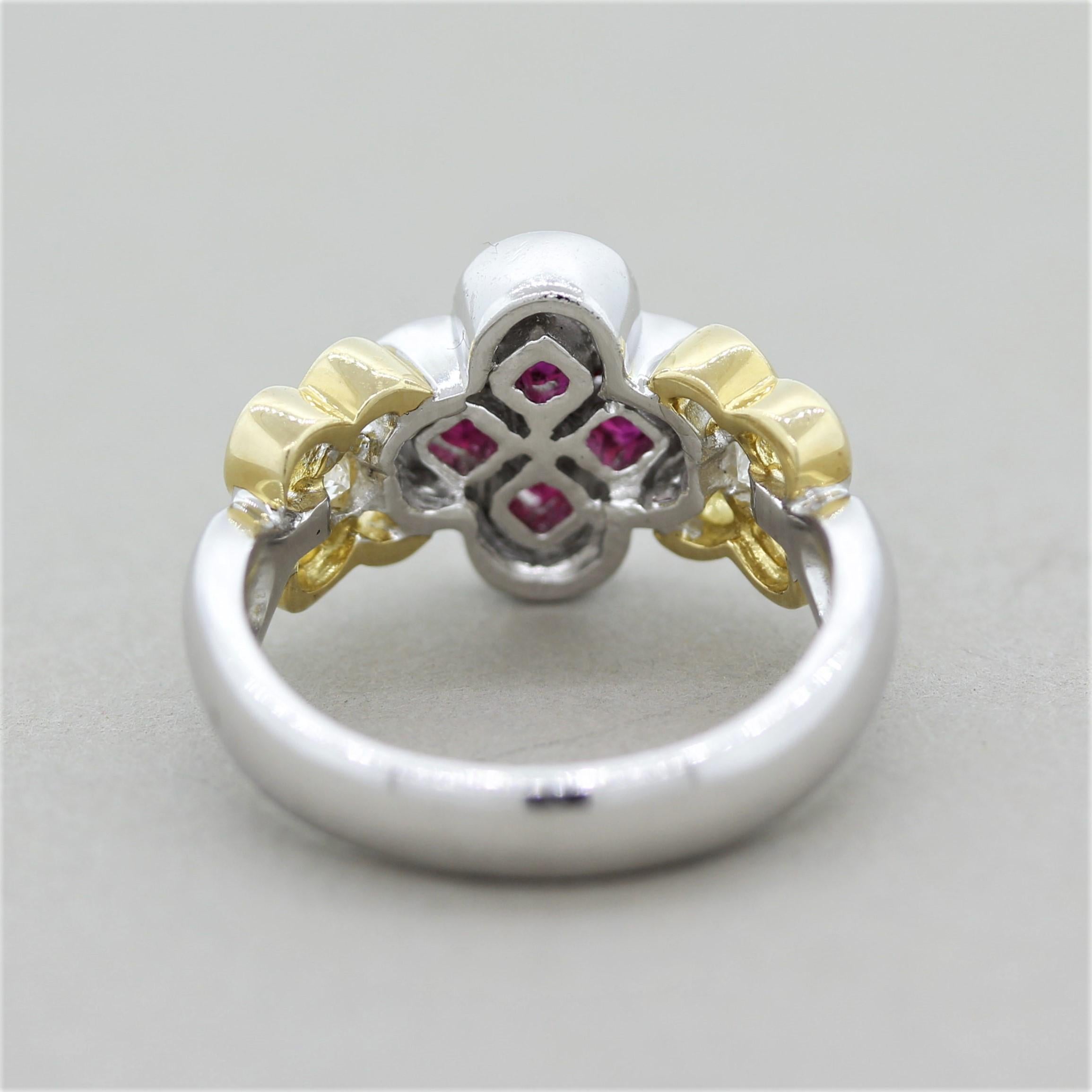 Ruby Diamond Platinum and Gold Floral Ring In New Condition In Beverly Hills, CA