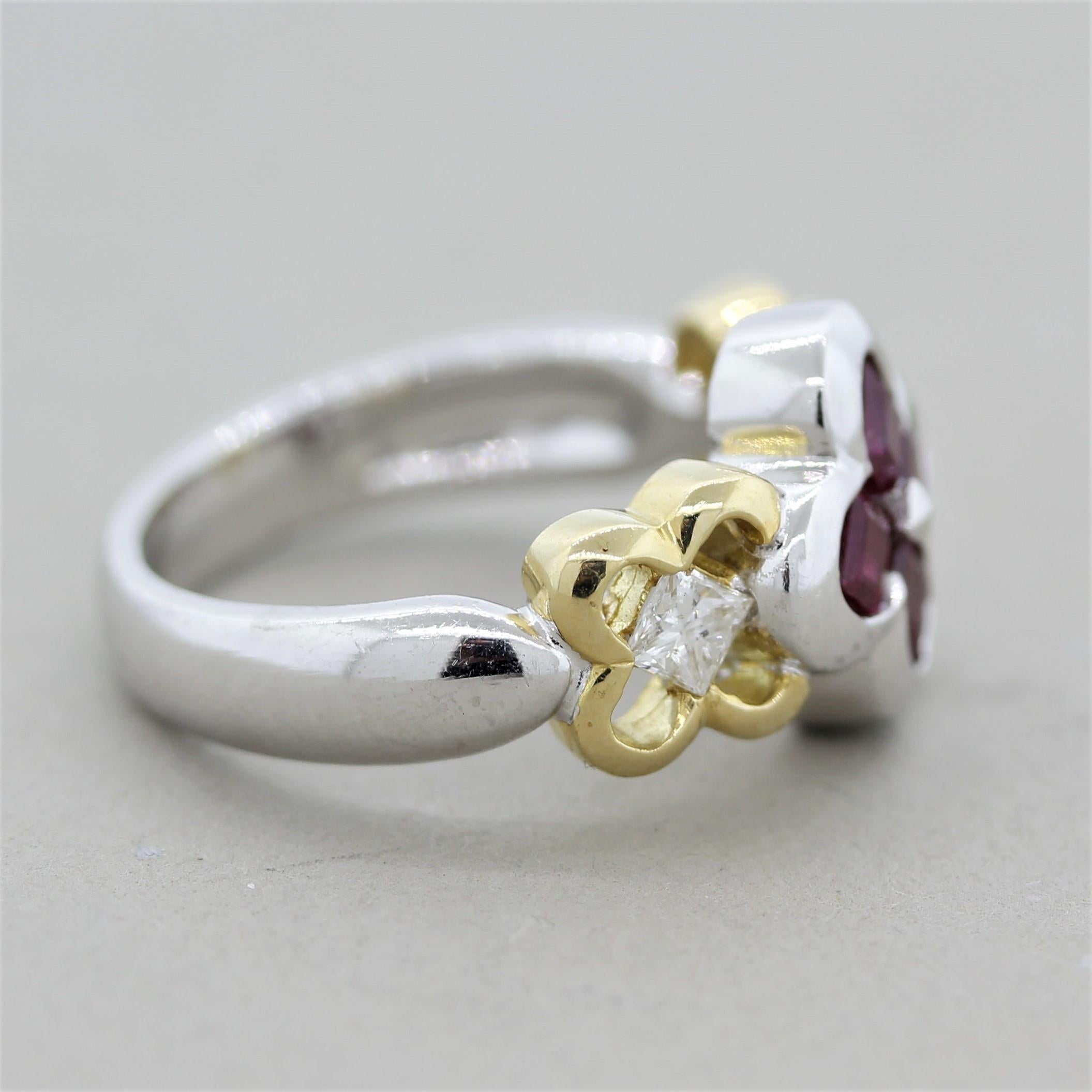Women's Ruby Diamond Platinum and Gold Floral Ring