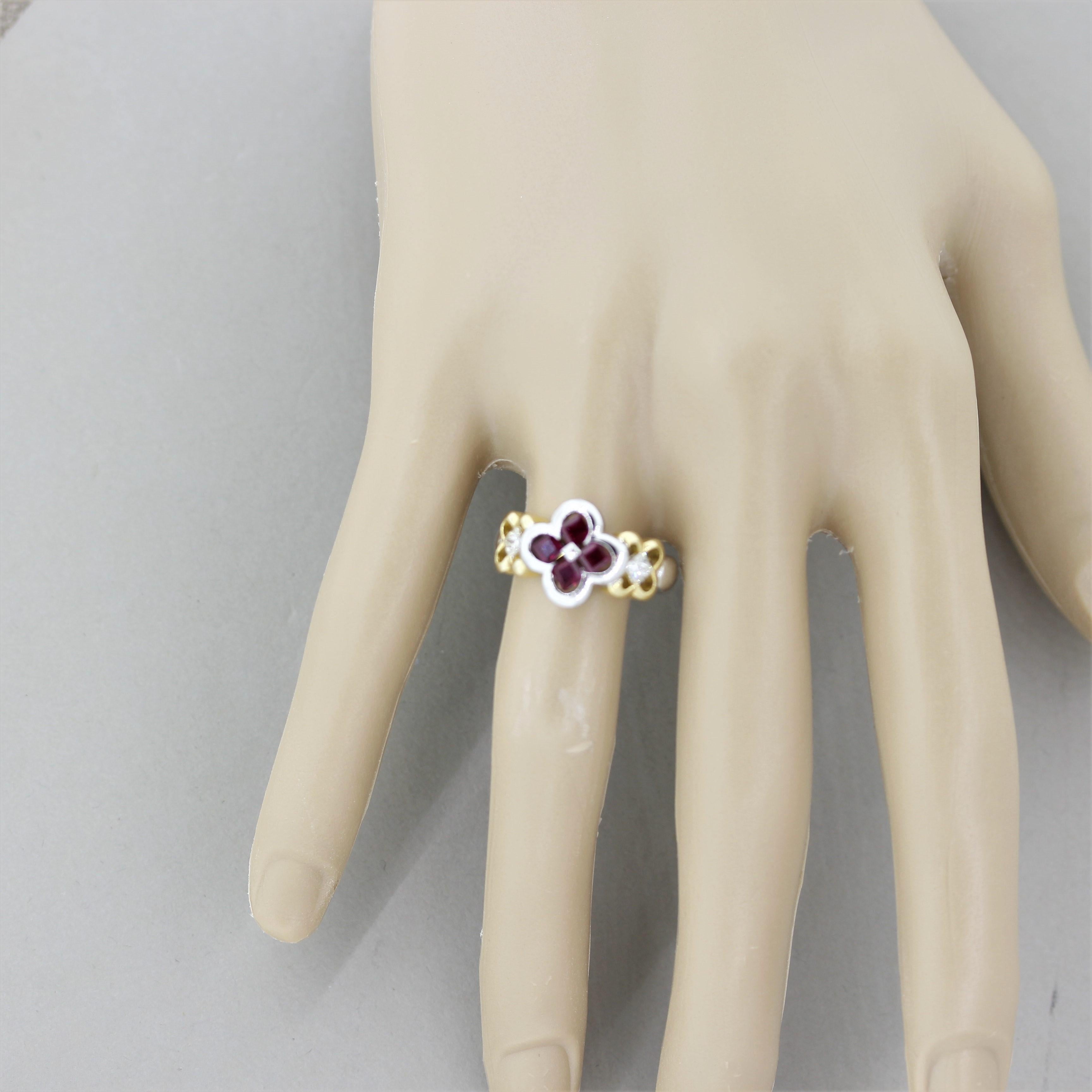 Ruby Diamond Platinum and Gold Floral Ring 1