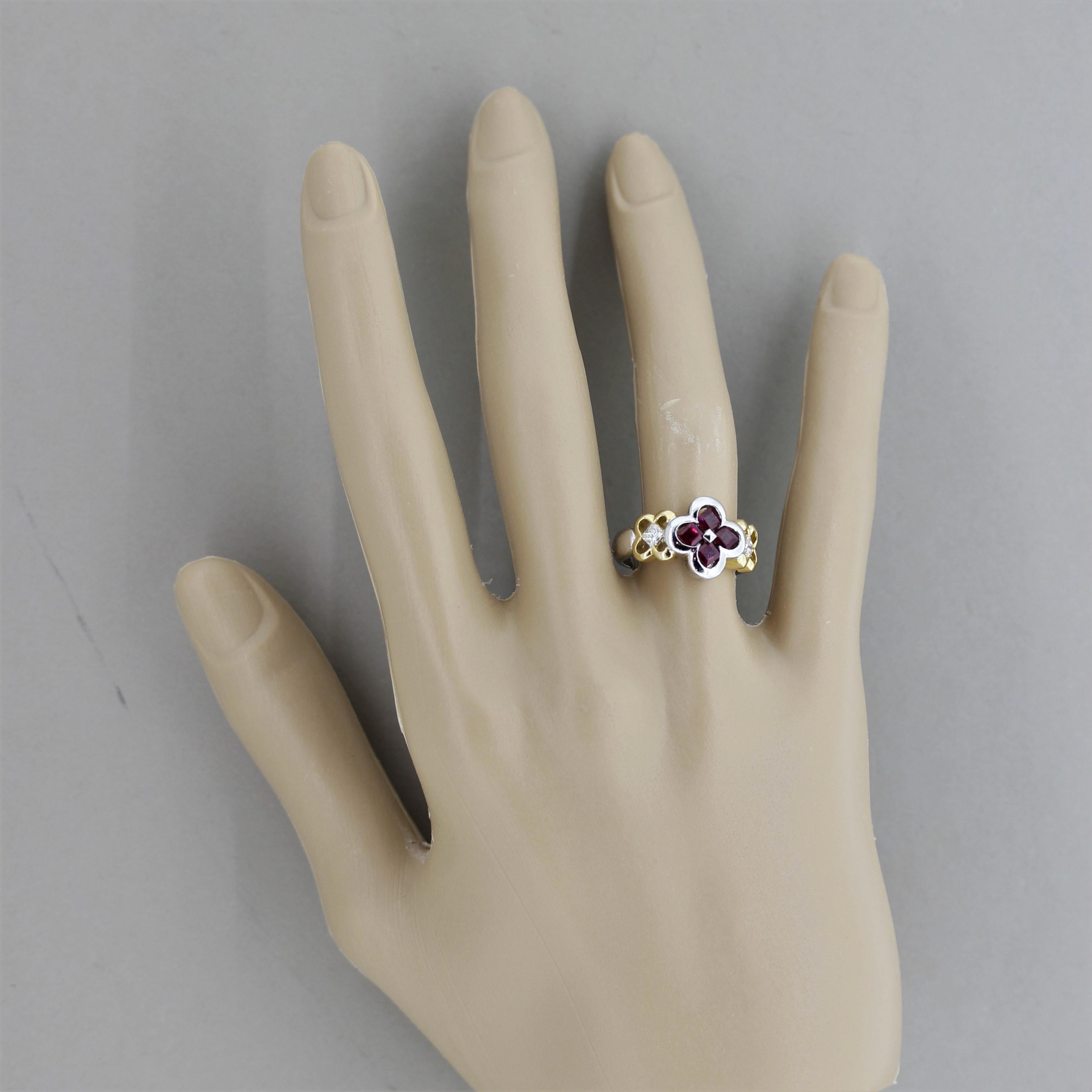 Ruby Diamond Platinum and Gold Floral Ring 2