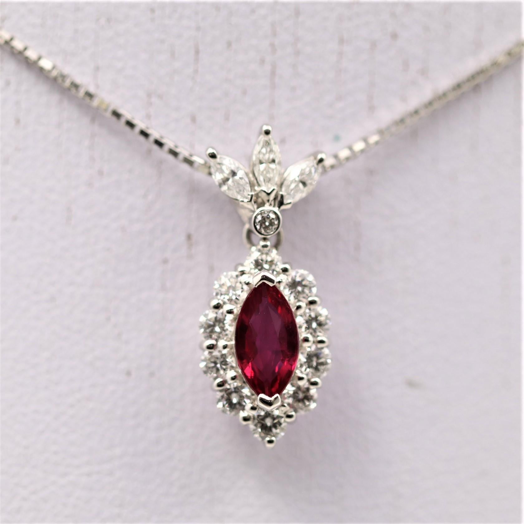 A 7.34 carat natural ruby is the centerpiece to this special pendant. Rubies are the hardest of the big 3 gemstones (ruby, sapphire, emerald). Accenting the center stone in halo setting are round brilliant cut diamonds.
To add more glamour to the