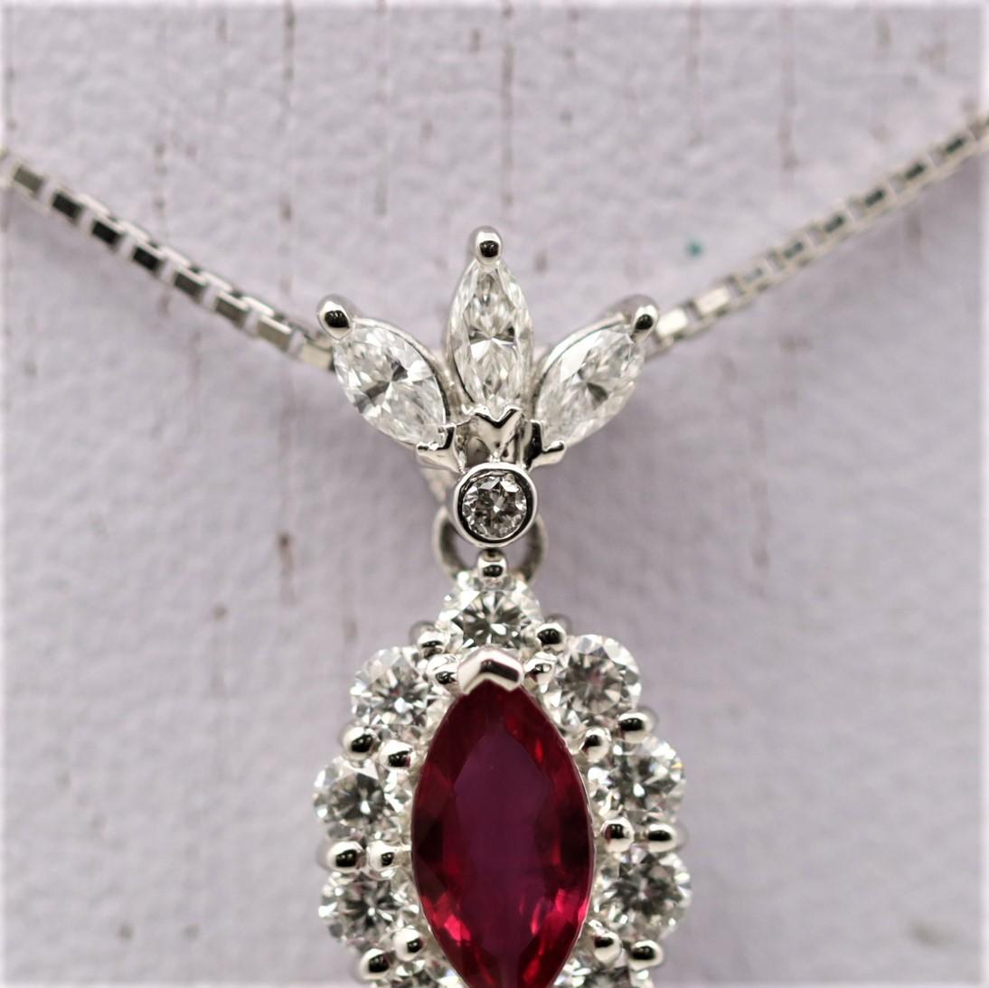 Marquise Cut Ruby Diamond Platinum Necklace For Sale