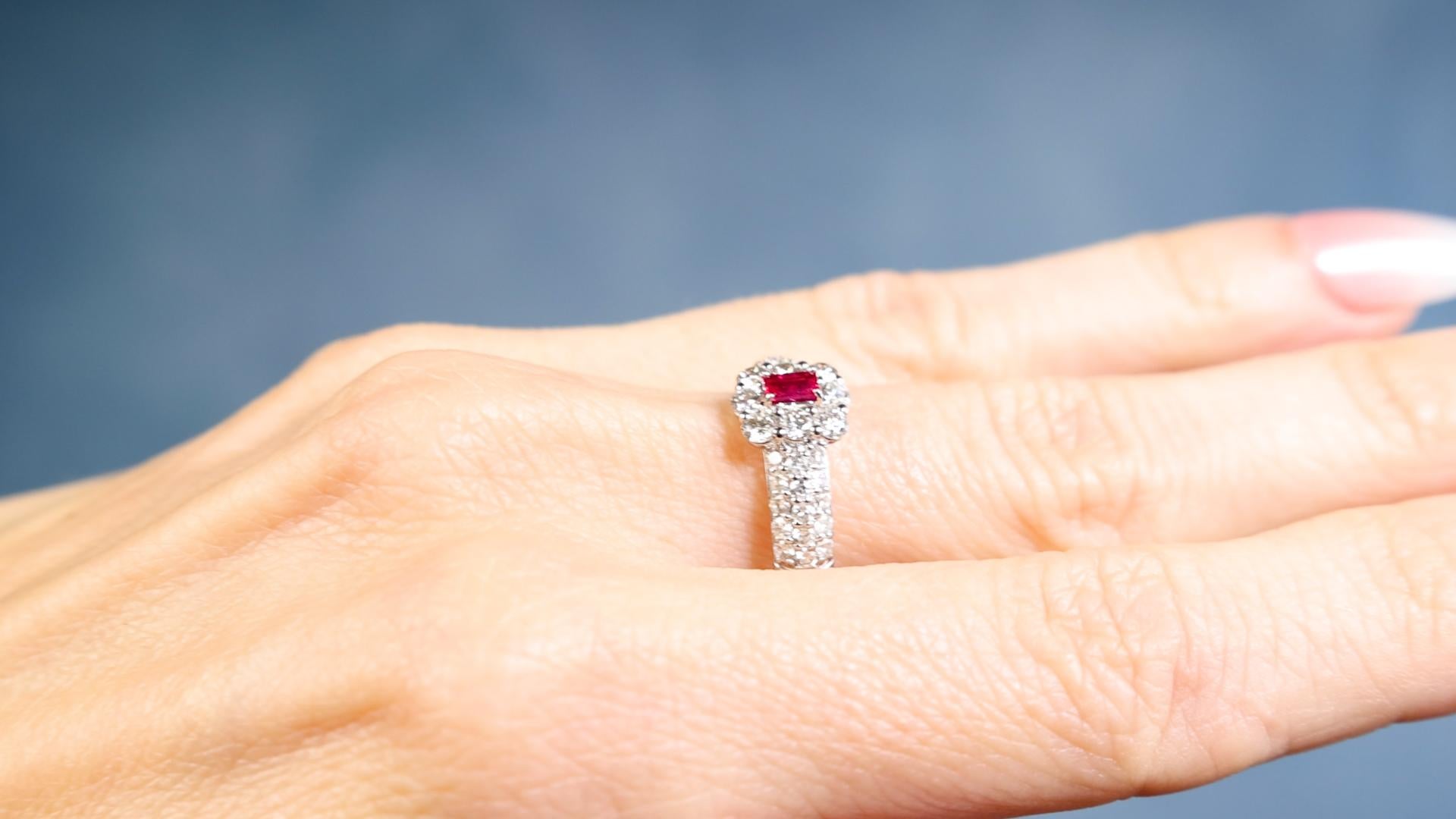 Baguette Cut Ruby Diamond Platinum Ring For Sale