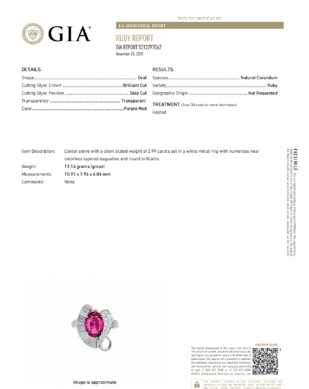 Ruby Diamond Platinum Ring, GIA Certified For Sale 3