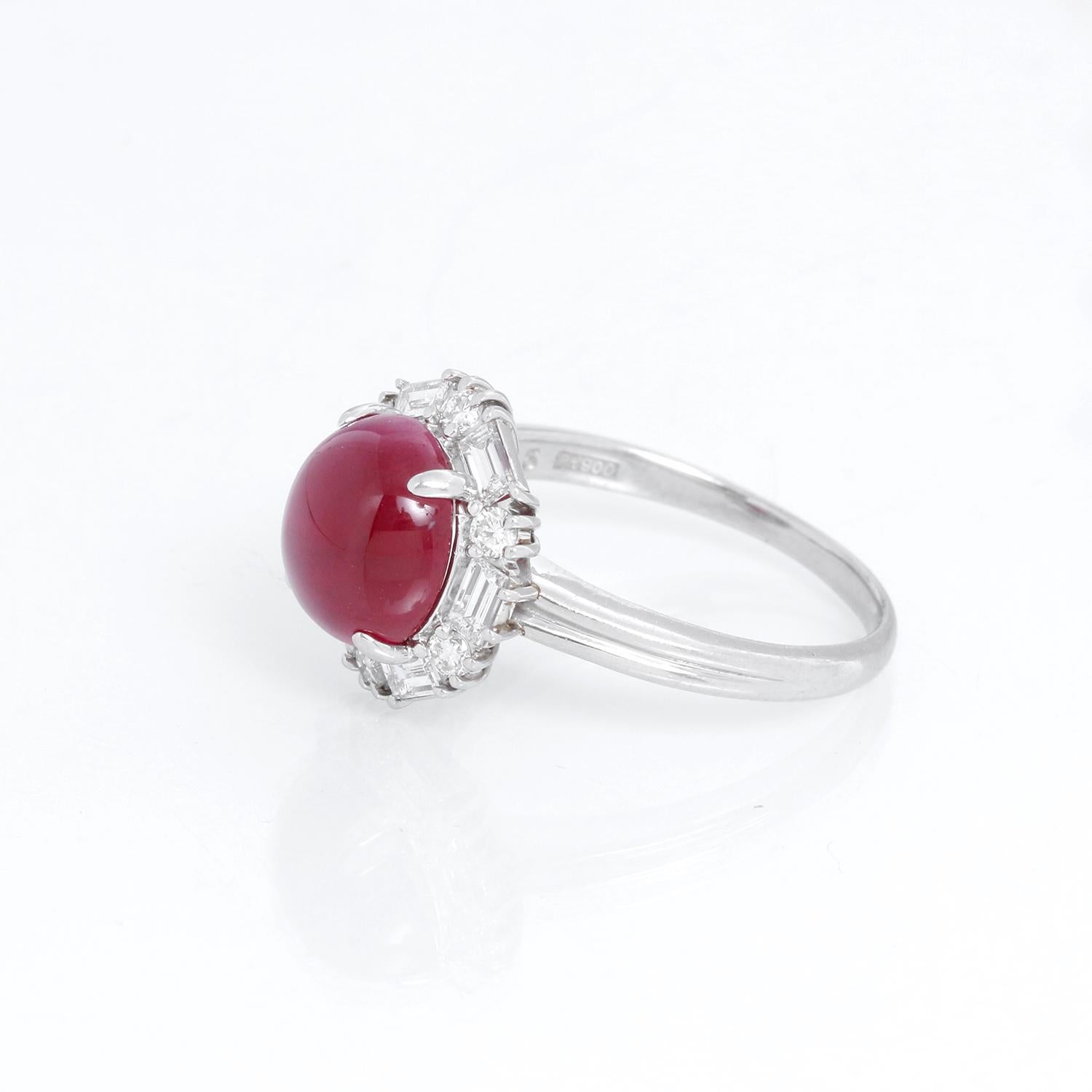 Ruby & Diamond Platinum Ring Size 9 1/4 - Cabochon Ruby weighing is 5.15 cts.  Two type of diamond cuts, first baguette and round brilliant cut diamonds weighing .93 cts. Can be sized. Pre-owned with DeMesy ring box.