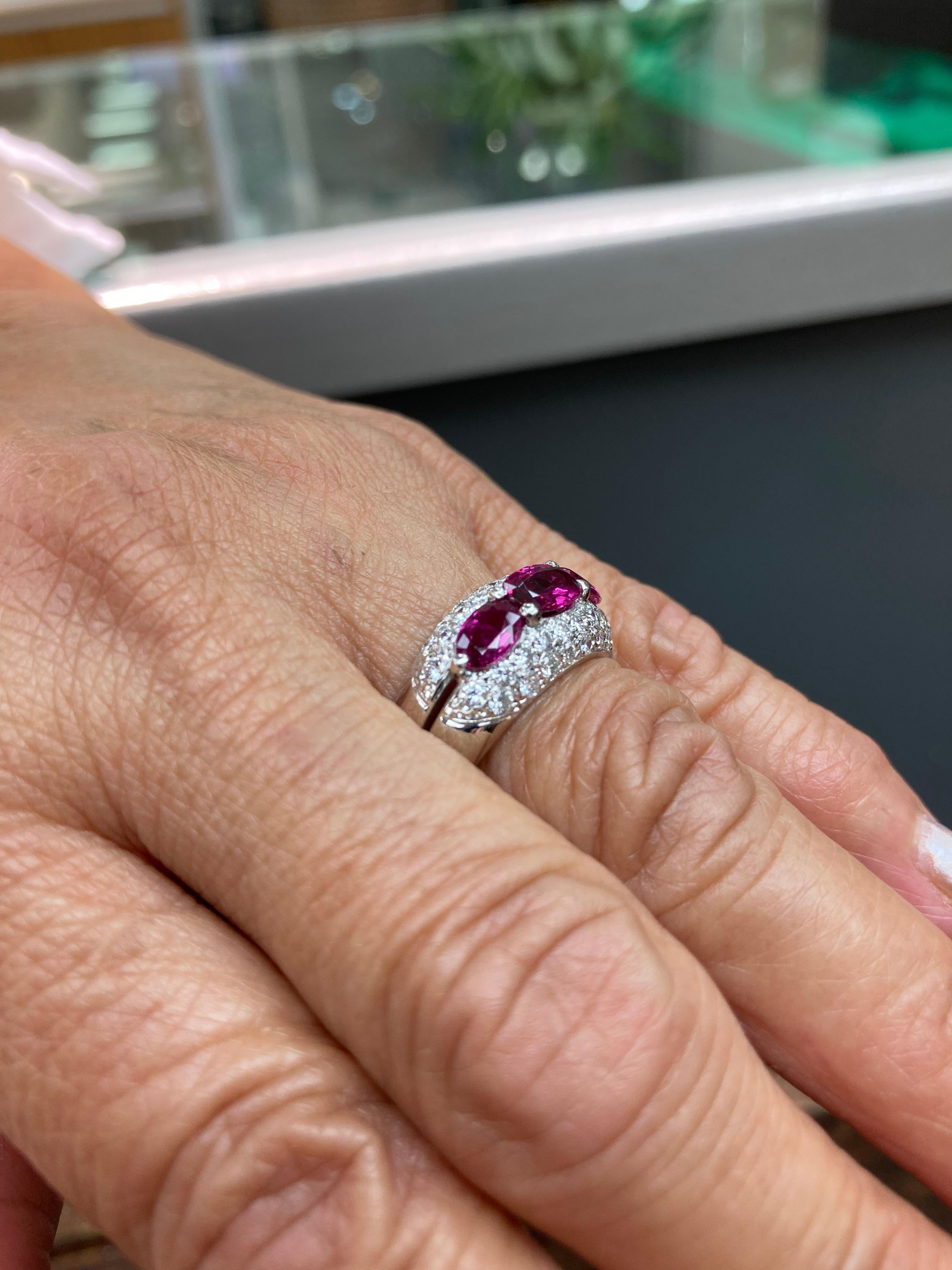 Contemporary Ruby Diamond Platinum Three Stone Ring For Sale