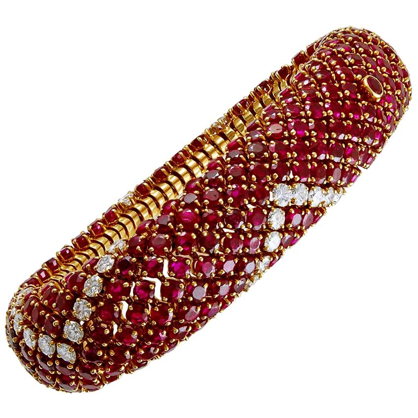 Retro-Style Ruby Diamond Bombe Bracelet For Sale