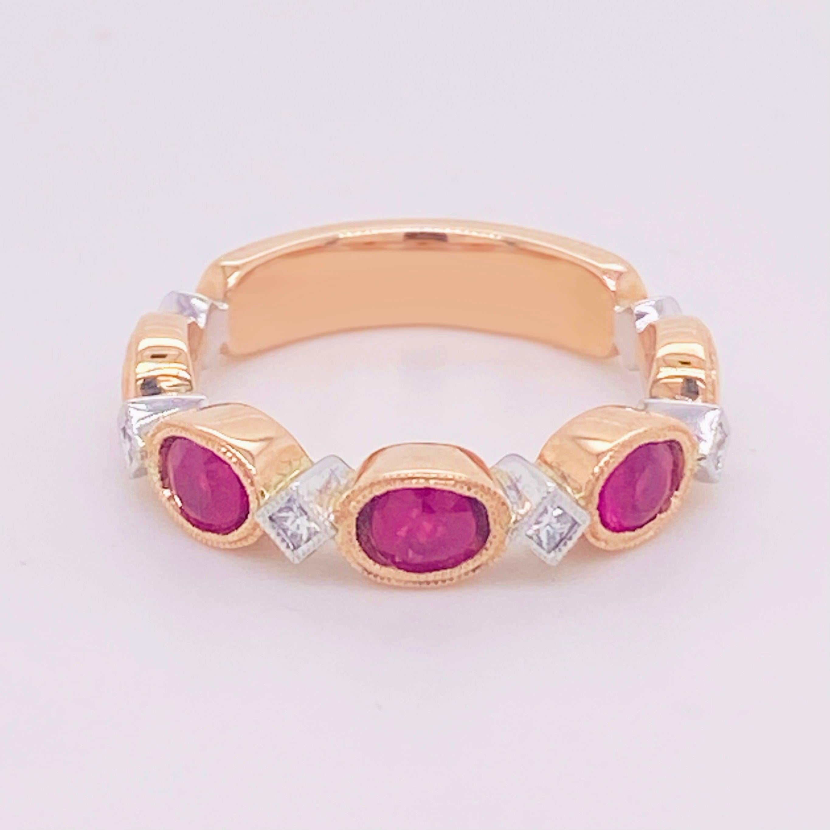 Im Angebot: Rubin-Rubin-Diamant-Ring, 14 Karat und Weißgold, stapelbar, ovaler Rubin-Ehering () 3