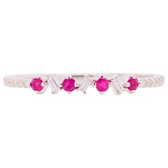 Ruby Diamond Ring, 14K White Gold, Round Ruby Baguette Diamond Band Stackable
