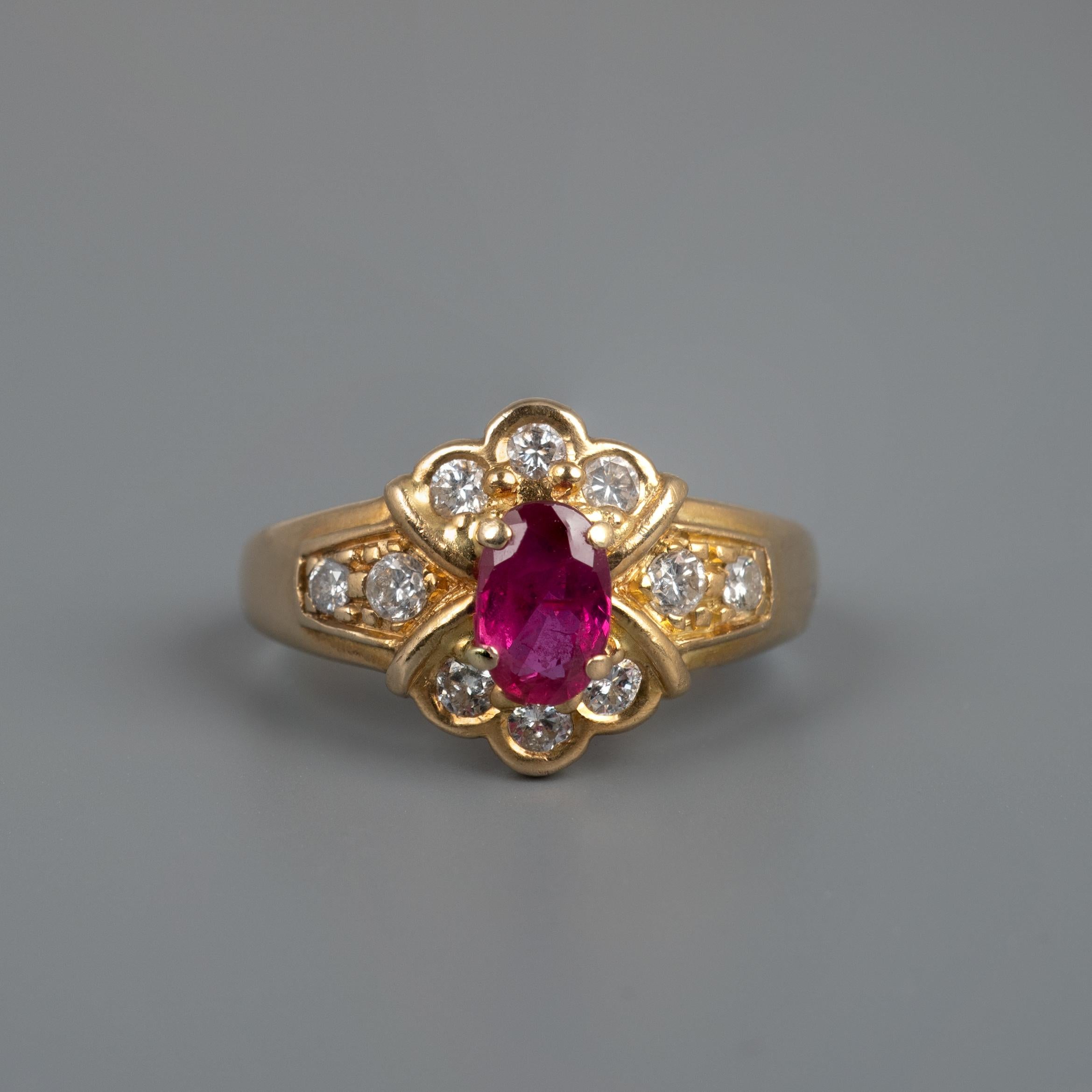 Ruby Diamond Ring 18 Karat Yellow Gold Vintage French Jewelry In Good Condition In Preston, Lancashire