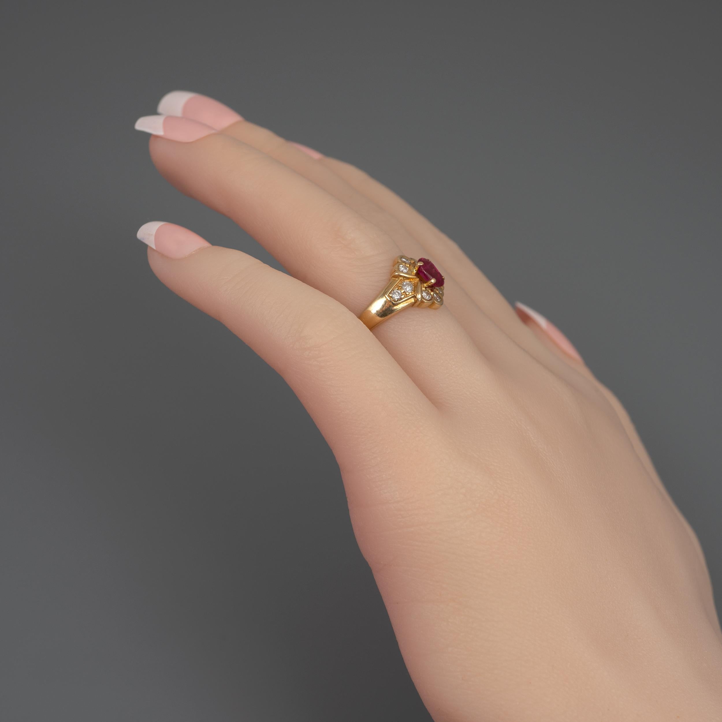 Women's Ruby Diamond Ring 18 Karat Yellow Gold Vintage French Jewelry