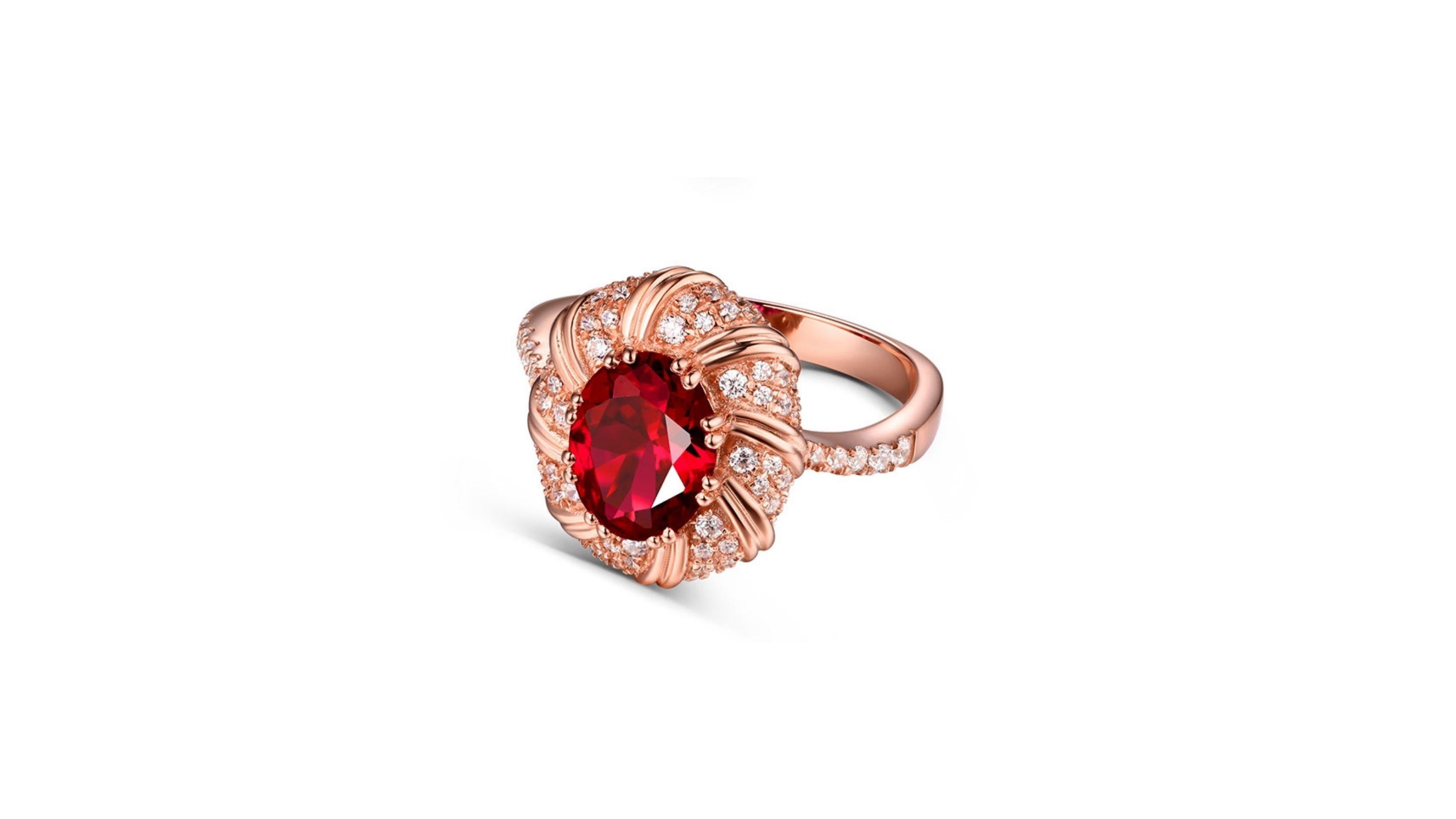 
This unique Ruby ring  with 46 diamonds does stand out in 18k rose gold. You can have this in 0.55ct  0.99ct   1.19ct   The price listed is for the 0.55ct 

Let us know your size too if you want a higher carat.

