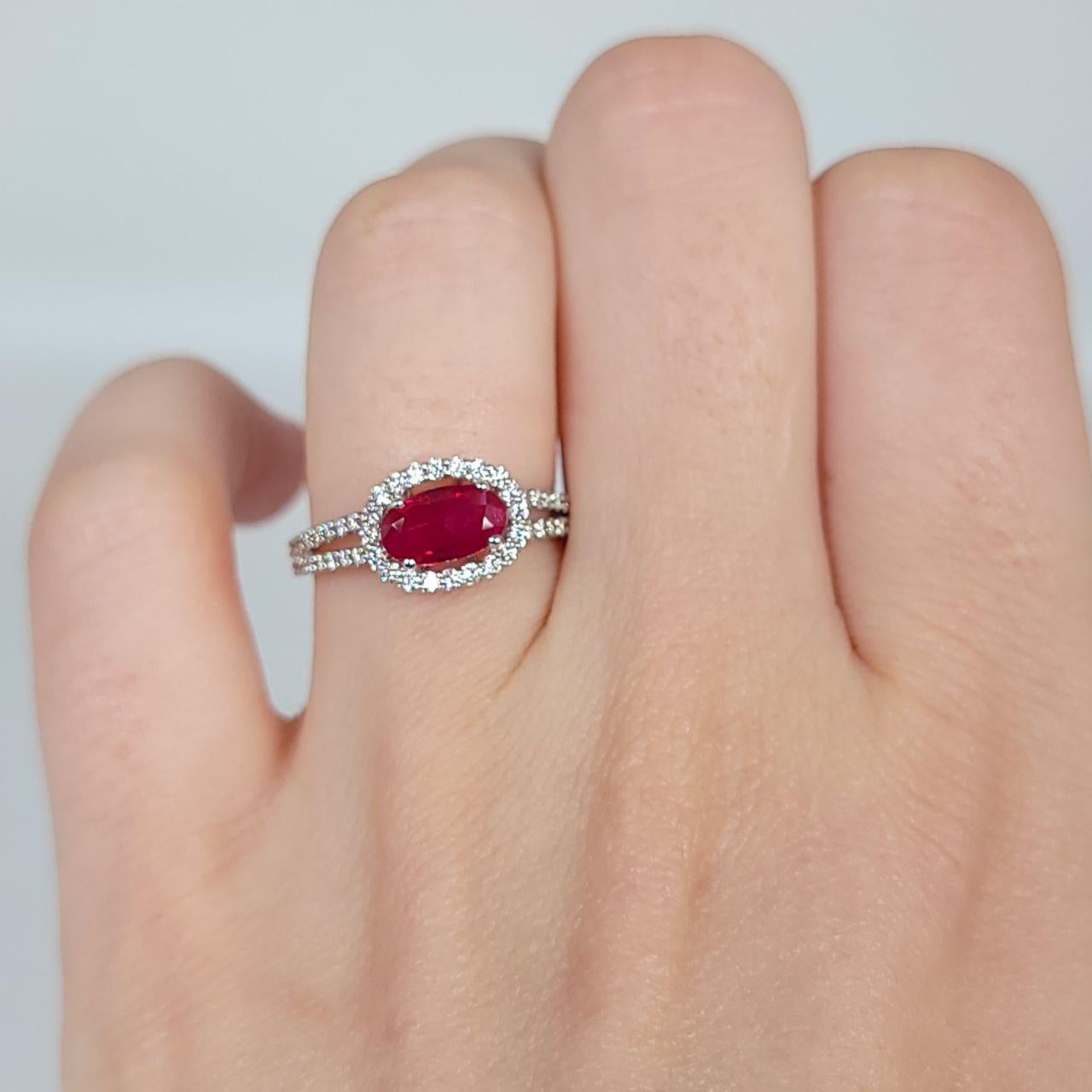 Round Cut Ruby Diamond Ring 18 Karat White Gold Cocktail Ring Natural Untreated Ruby Ring For Sale