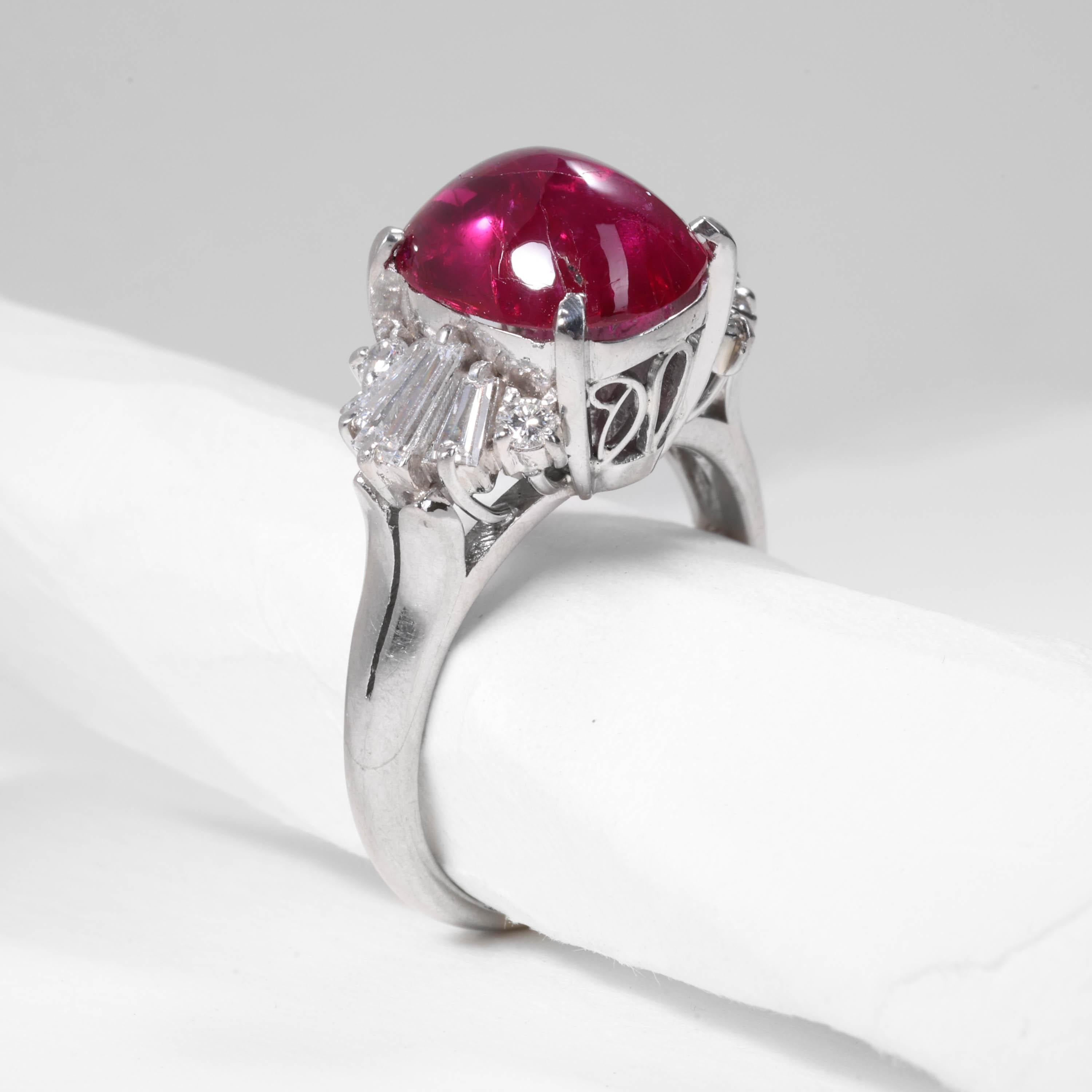 Sugarloaf Cabochon Burma Ruby No-Heat 4.75 Carats Set in Vintage Platinum Mounting, Certified For Sale