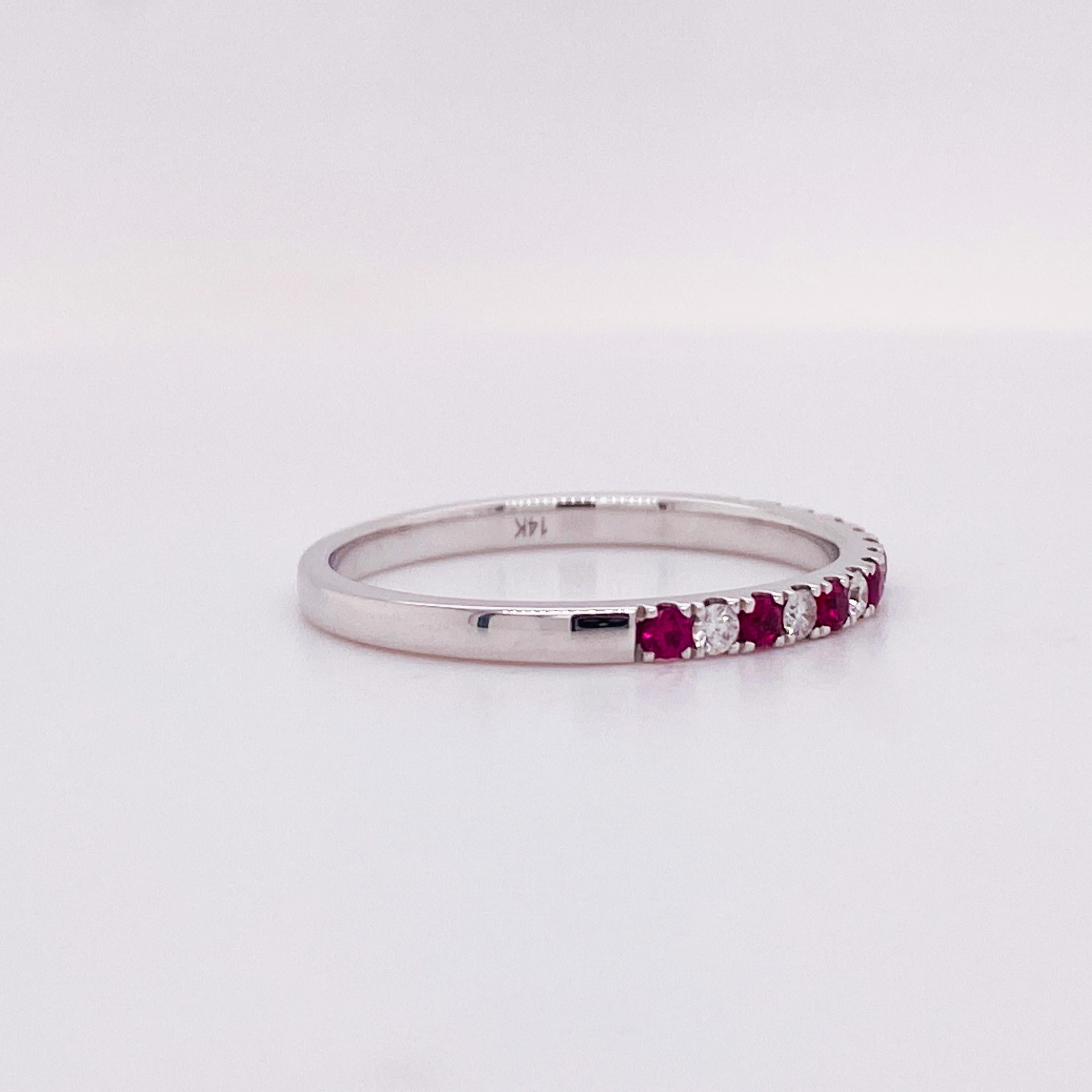 This amazing ruby and diamond ring is the perfect pop of red and white! The ring is handmade in 14 karat white gold which is stronger than yellow gold. There are 14 diamonds and ruby gemstones in the ring that are all natural. This handmade ring