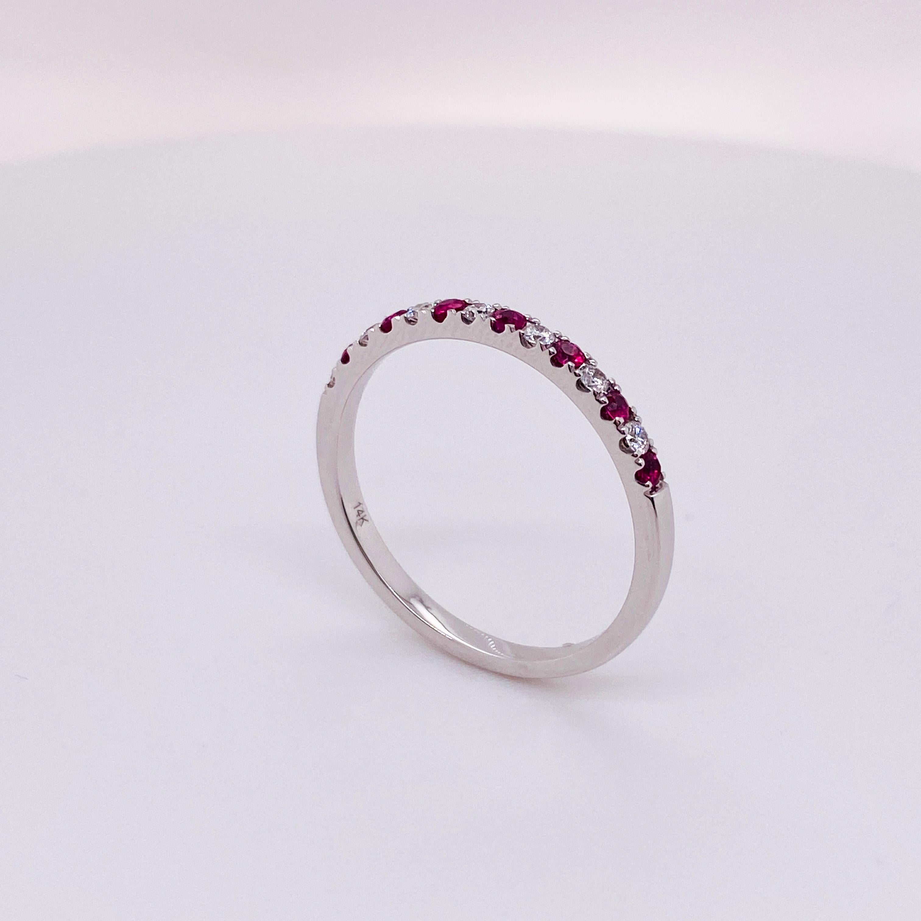 Modern Ruby Diamond Ring Alternating Ruby and Diamond Shared Prong Ring For Sale
