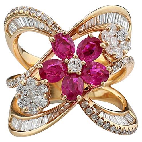 Ruby Diamond Ring "Blossom" superbe design fine craftmanship 18Kt Rose Gold en vente