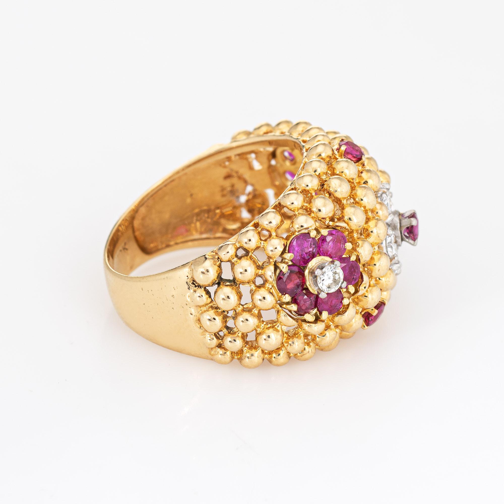 Modern Ruby Diamond Ring Domed Flower 18 Karat Gold Band Vintage Jewelry Estate