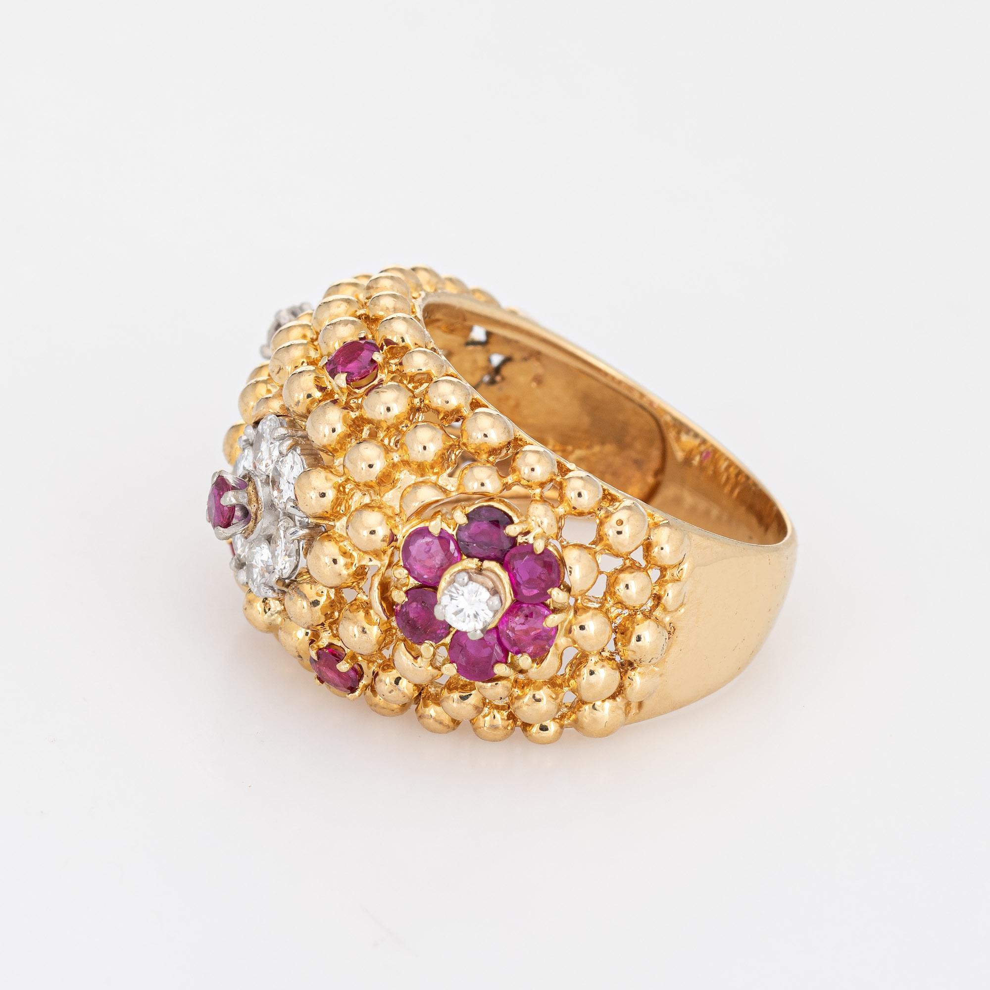 Round Cut Ruby Diamond Ring Domed Flower 18 Karat Gold Band Vintage Jewelry Estate