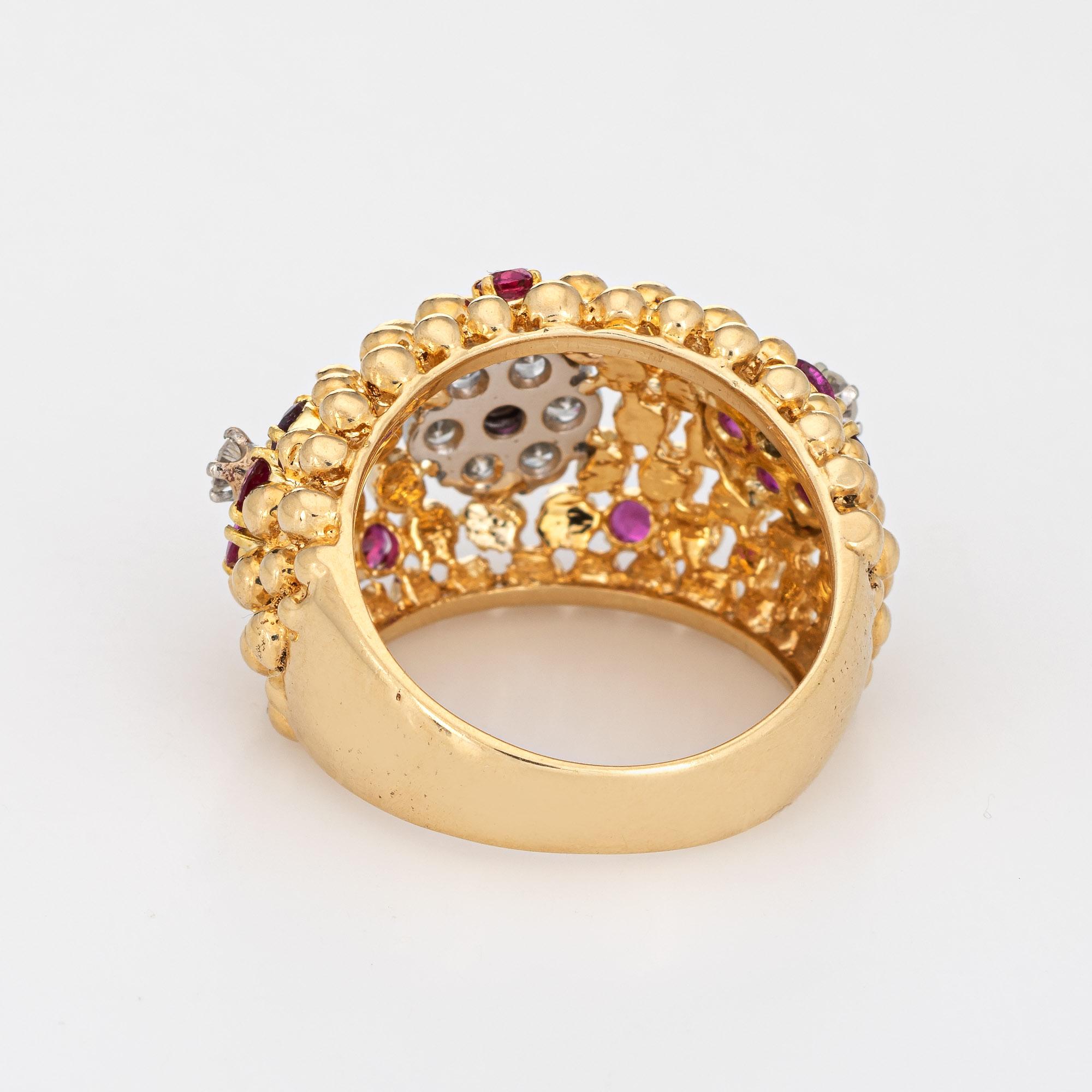 Ruby Diamond Ring Domed Flower 18 Karat Gold Band Vintage Jewelry Estate In Good Condition In Torrance, CA