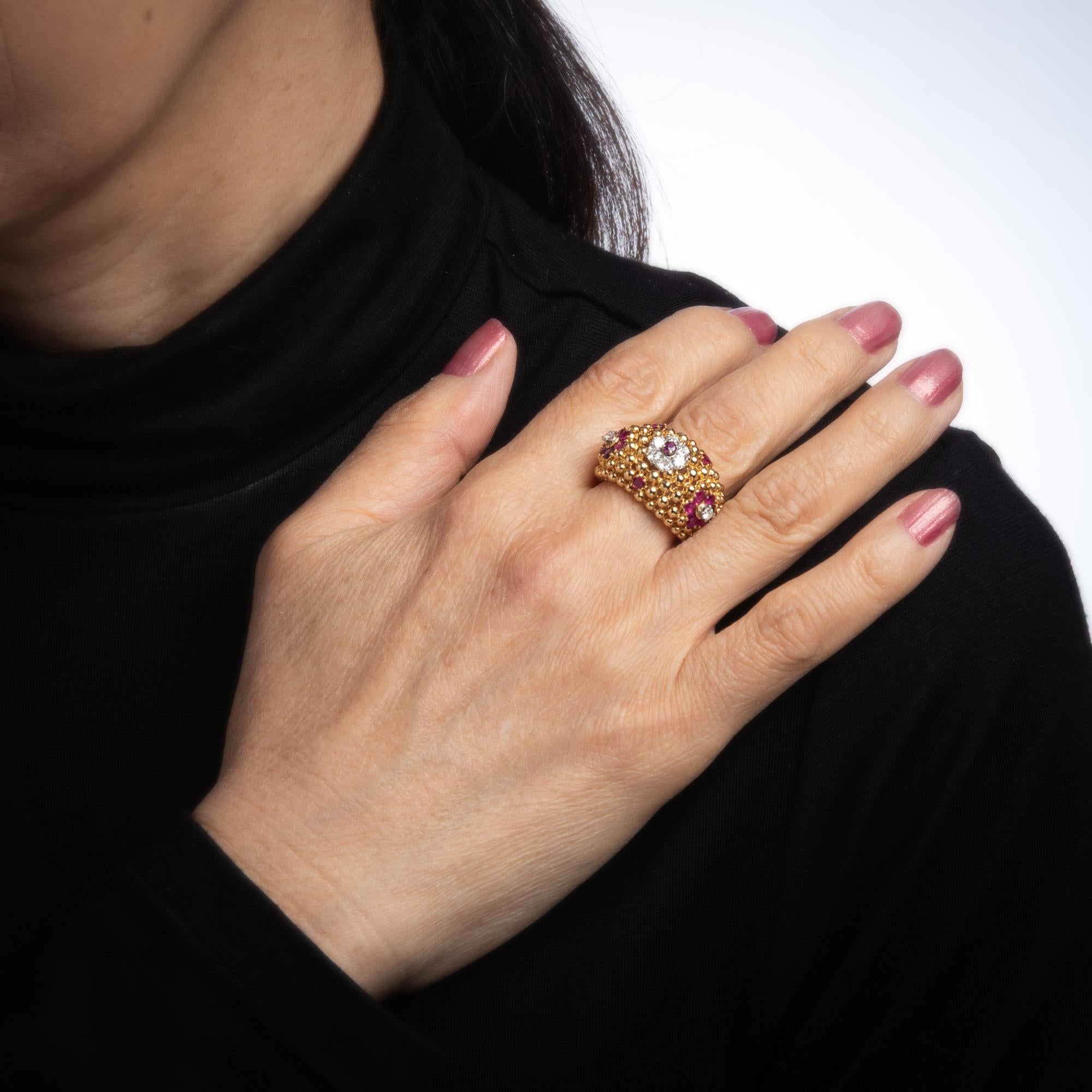 Women's Ruby Diamond Ring Domed Flower 18 Karat Gold Band Vintage Jewelry Estate