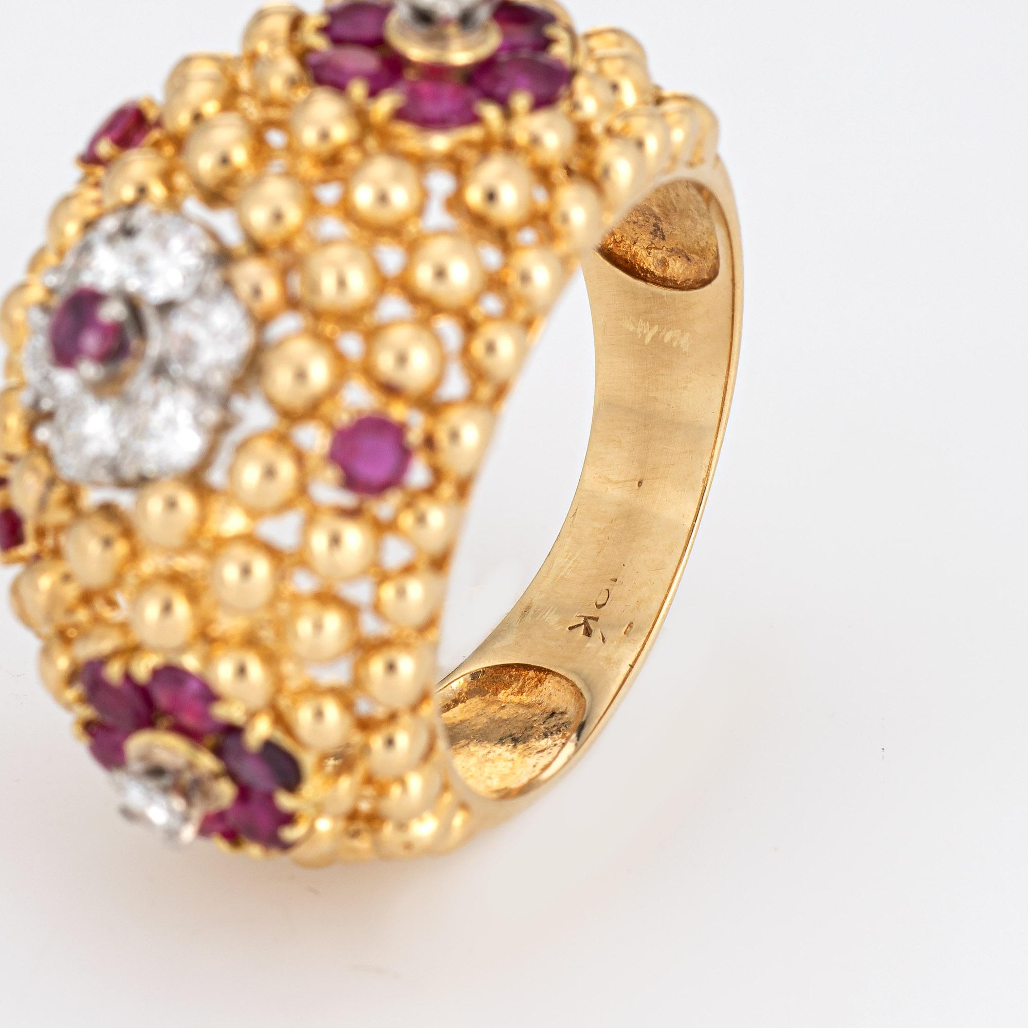 Ruby Diamond Ring Domed Flower 18 Karat Gold Band Vintage Jewelry Estate 1