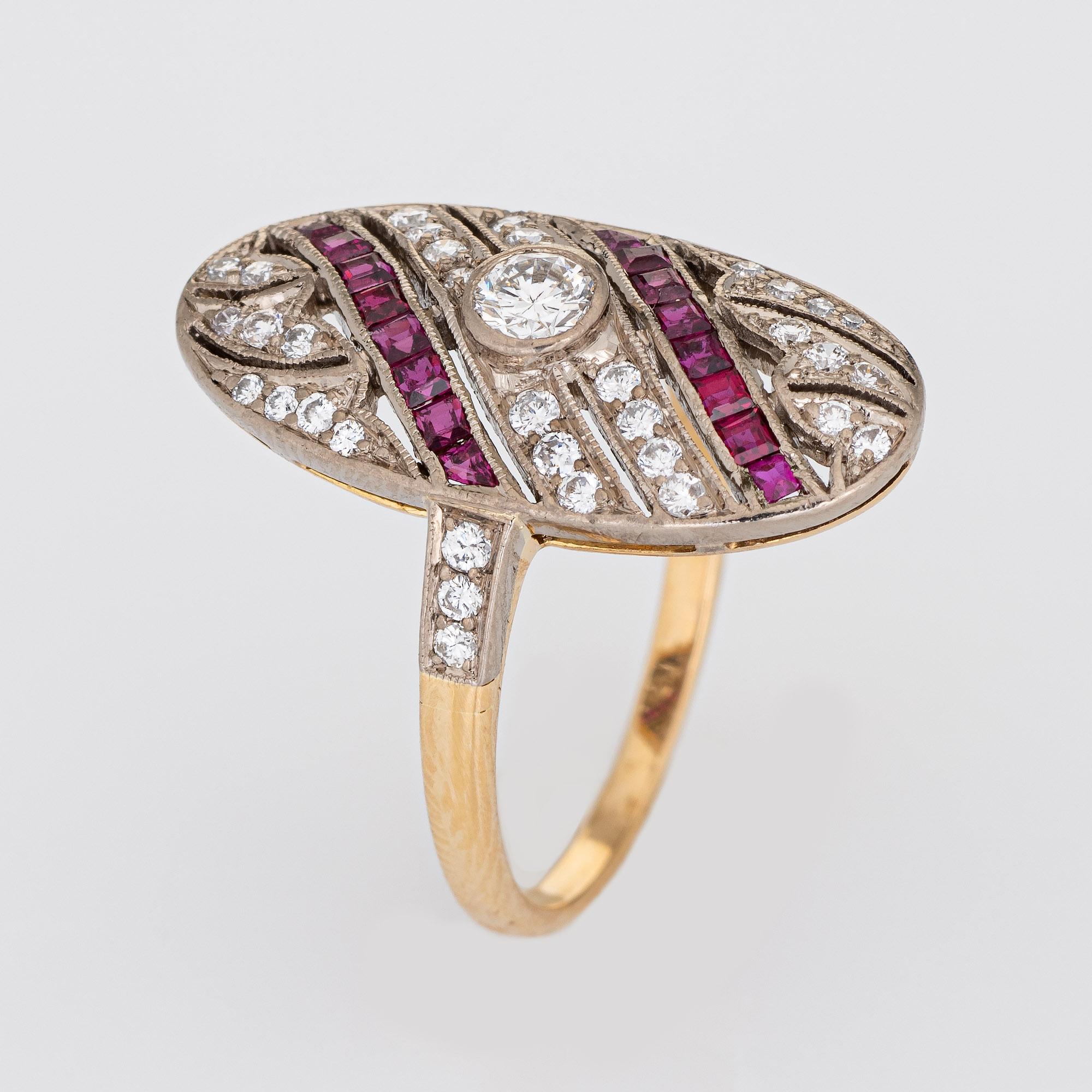 Stylish estate ruby & diamond ring crafted in 18 karat white & yellow gold. 

Round brilliant cut diamonds total an estimated 0.37 carats (estimated at H-I color and VS2-SI1 clarity). Box cut rubies total an estimated 0.30 carats. The rubies are in