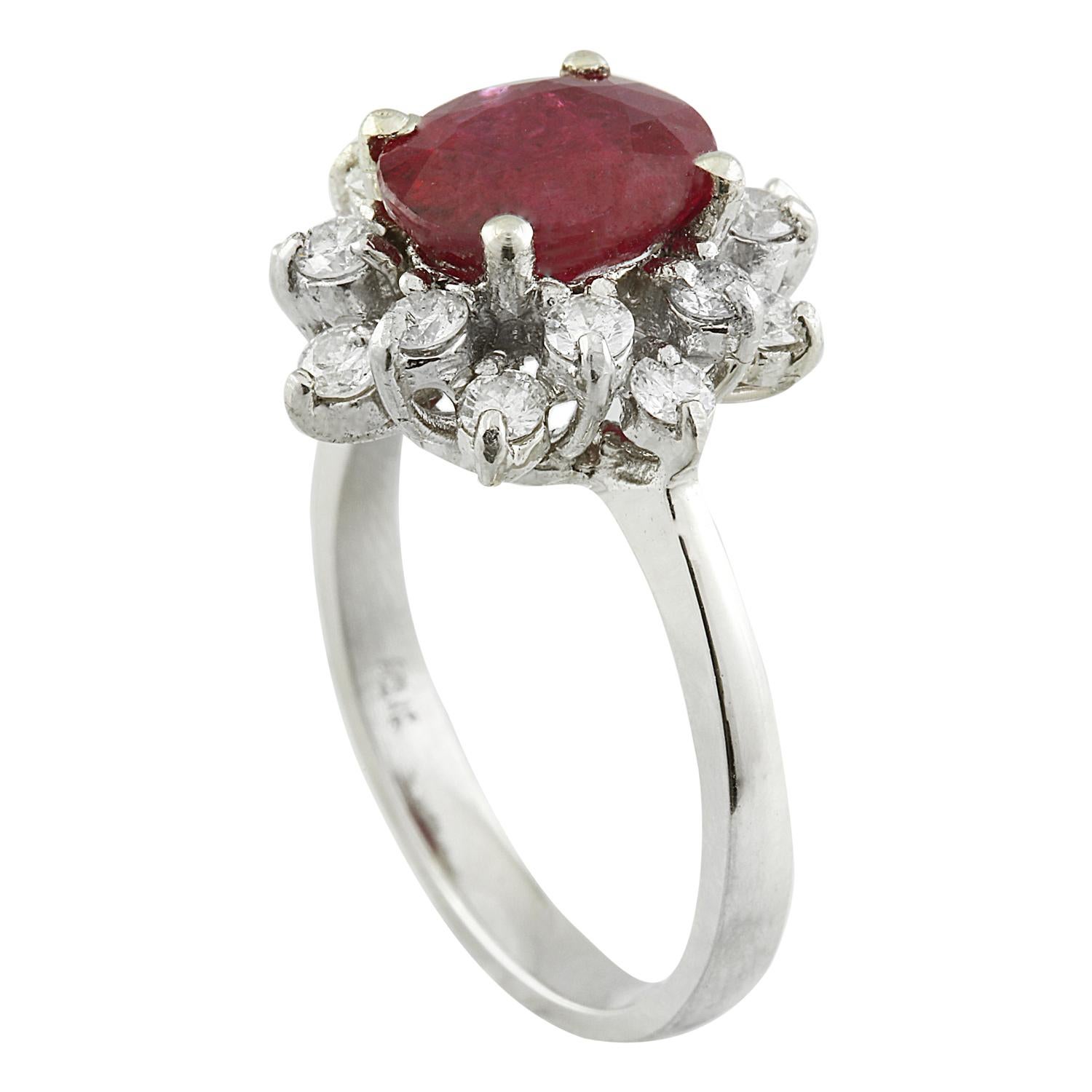 3.50 Carat Natural Ruby 14 Karat Solid White Gold Diamond Ring
Stamped: 14K 
Total Ring Weight: 4.6 Grams 
Ruby Weight: 2.80 Carat (9.00x7.00 Millimeters) 
Diamond Weight: 0.70 Carat (F-G Color, VS2-SI1 Clarity )
Quantity:16
Face Measures: