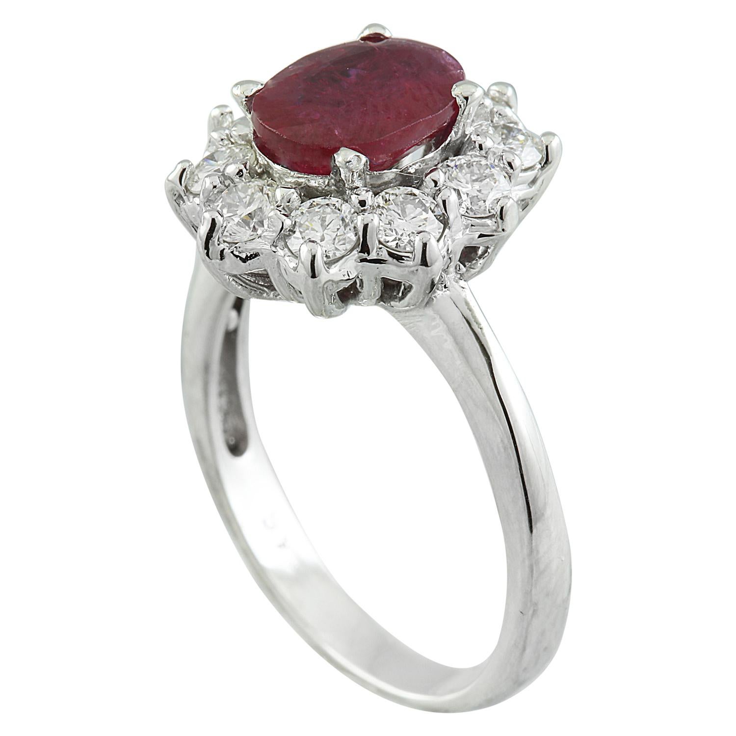 2.81 Carat Natural Ruby 14 Karat Solid White Gold Diamond Ring
Stamped: 14K
Total Ring Weight: 5.1 Grams 
Ruby Weight: 2.01 Carat (9.00x7.00 Millimeters)  
Diamond Weight: 0.80 Carat (F-G Color, VS2-SI1 Clarity )
quantity: 10
Face Measures: