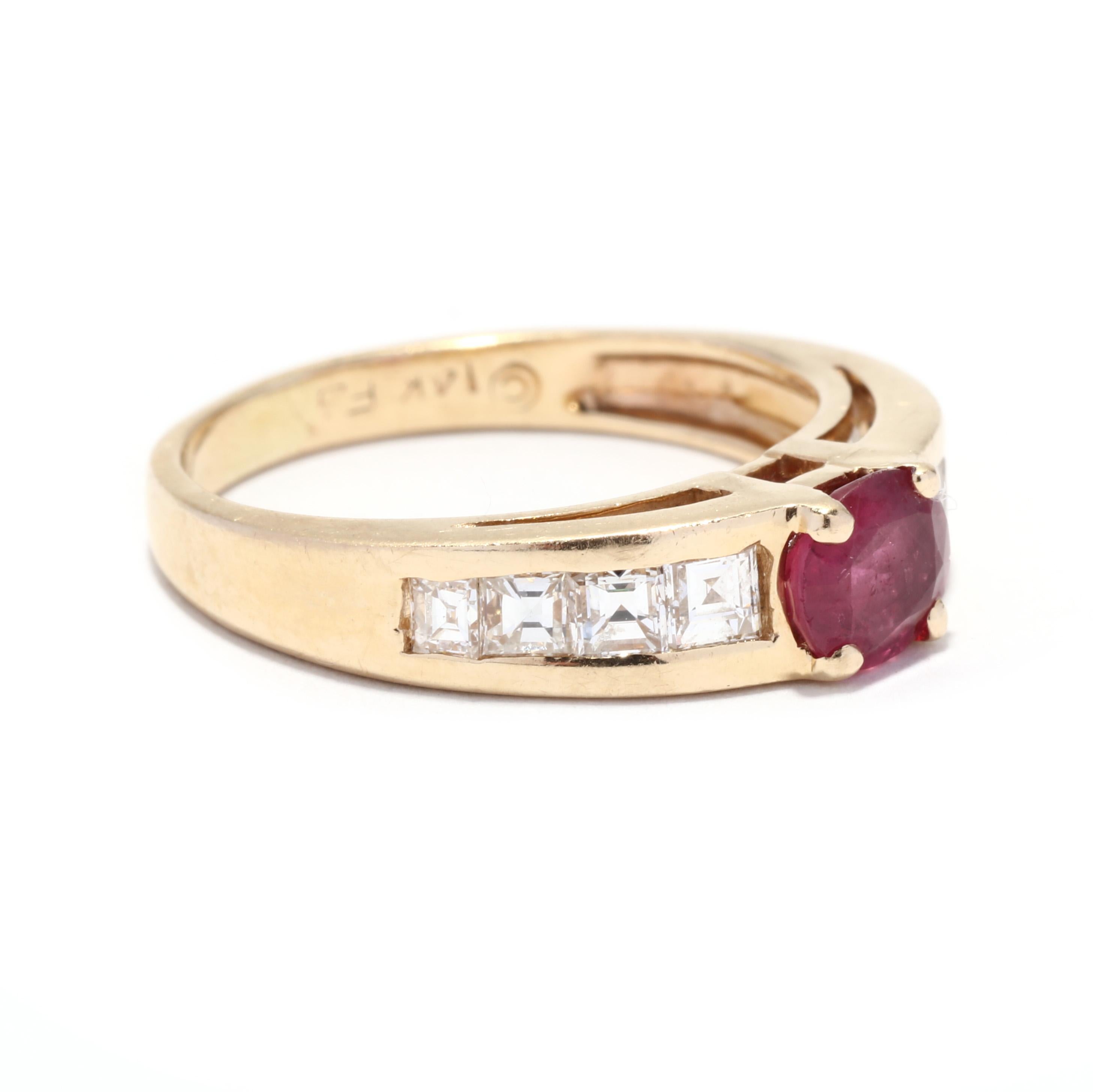 A vintage 14 karat yellow gold oval and diamond ring. This ring features a horizontal prong set, oval cut ruby weighing approximately .51 carat with channel set square cut diamonds down the band weighing approximately .55 total carats and a slightly