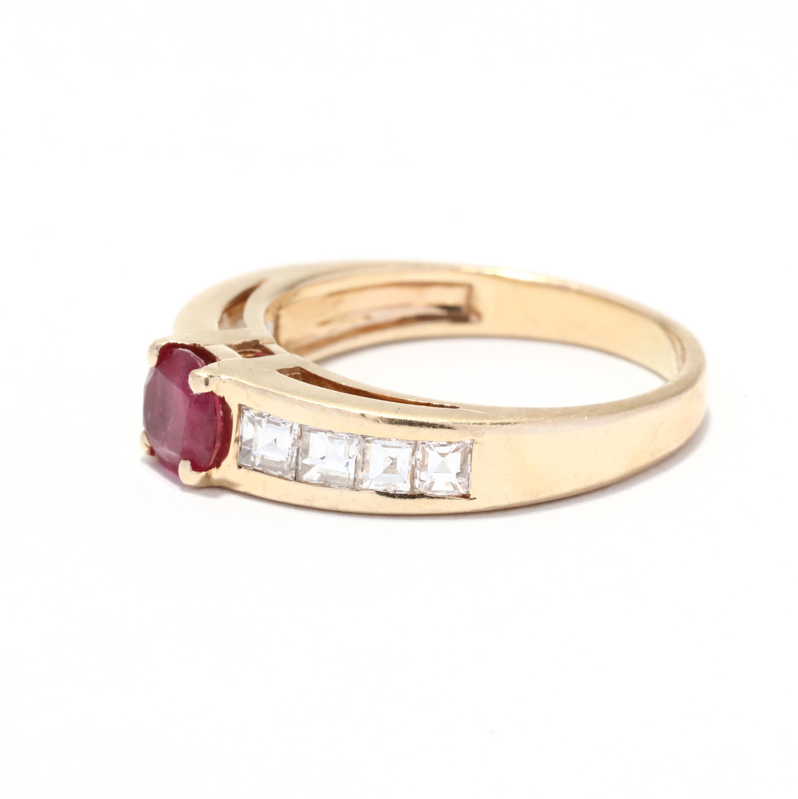 Oval Cut Ruby Diamond Ring, Oval Ruby Ring, 14K Gold, Square Diamond Ring, July Birthston