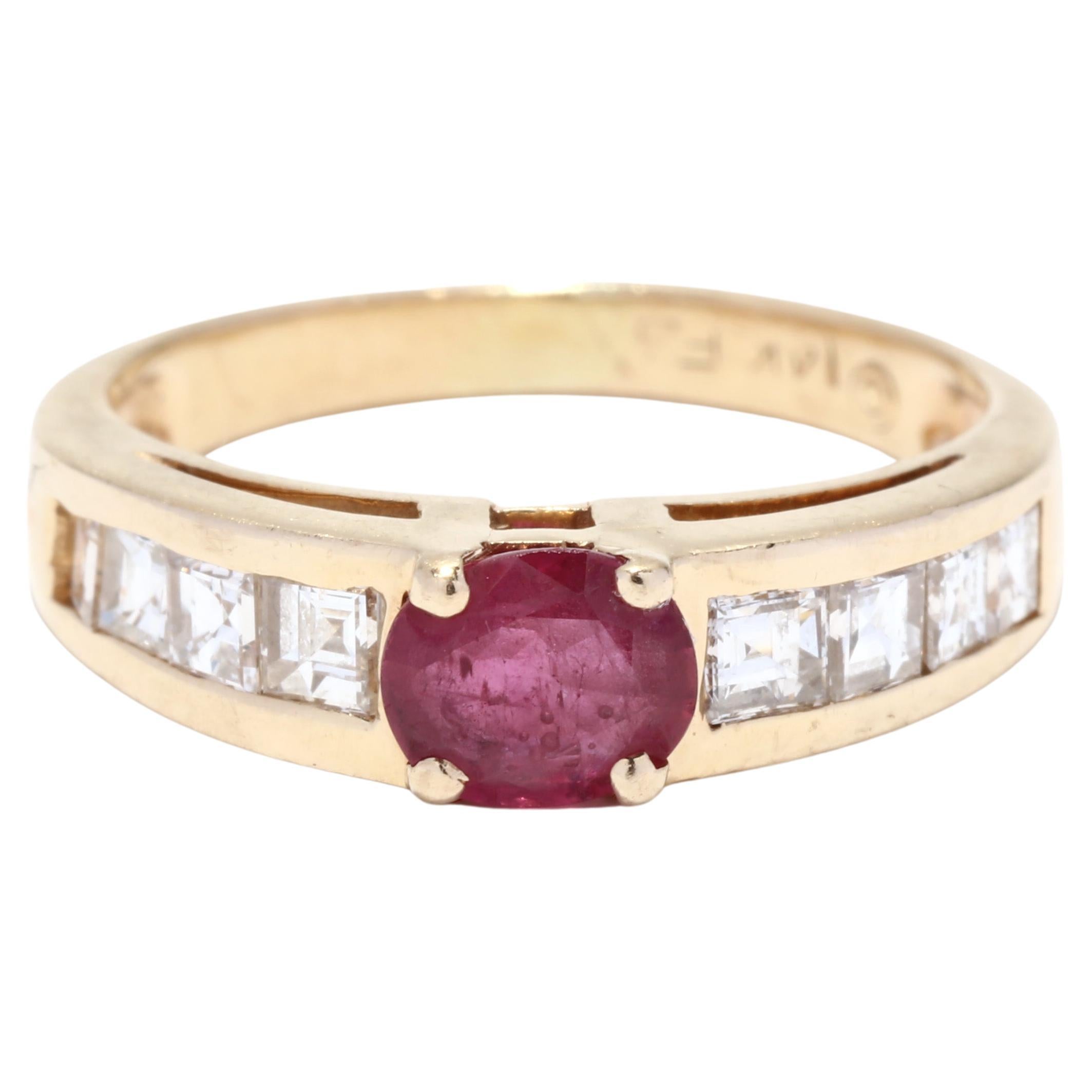 Ruby Diamond Ring, Oval Ruby Ring, 14K Gold, Square Diamond Ring, July Birthston