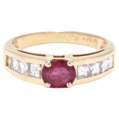 Vintage Ruby Diamond Ring, Oval Ruby Ring, 14K Gold, Square Diamond Ring, July Birthston