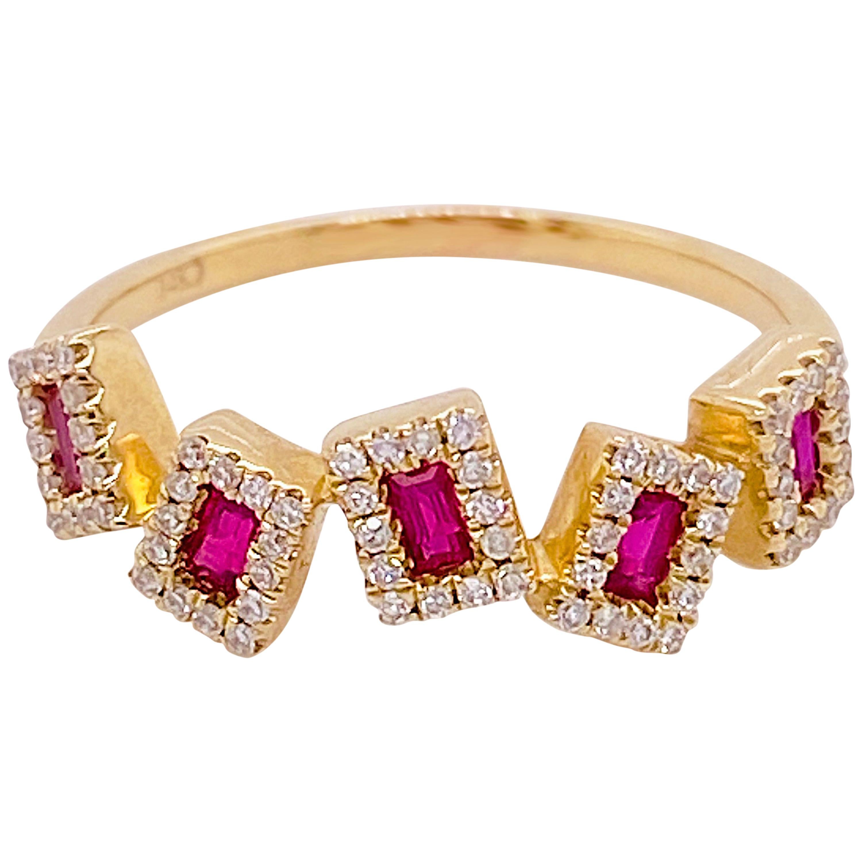 Dancing Ruby Rectangles Ring, Ruby and Diamond, 14K Yellow Gold, Artistic For Sale