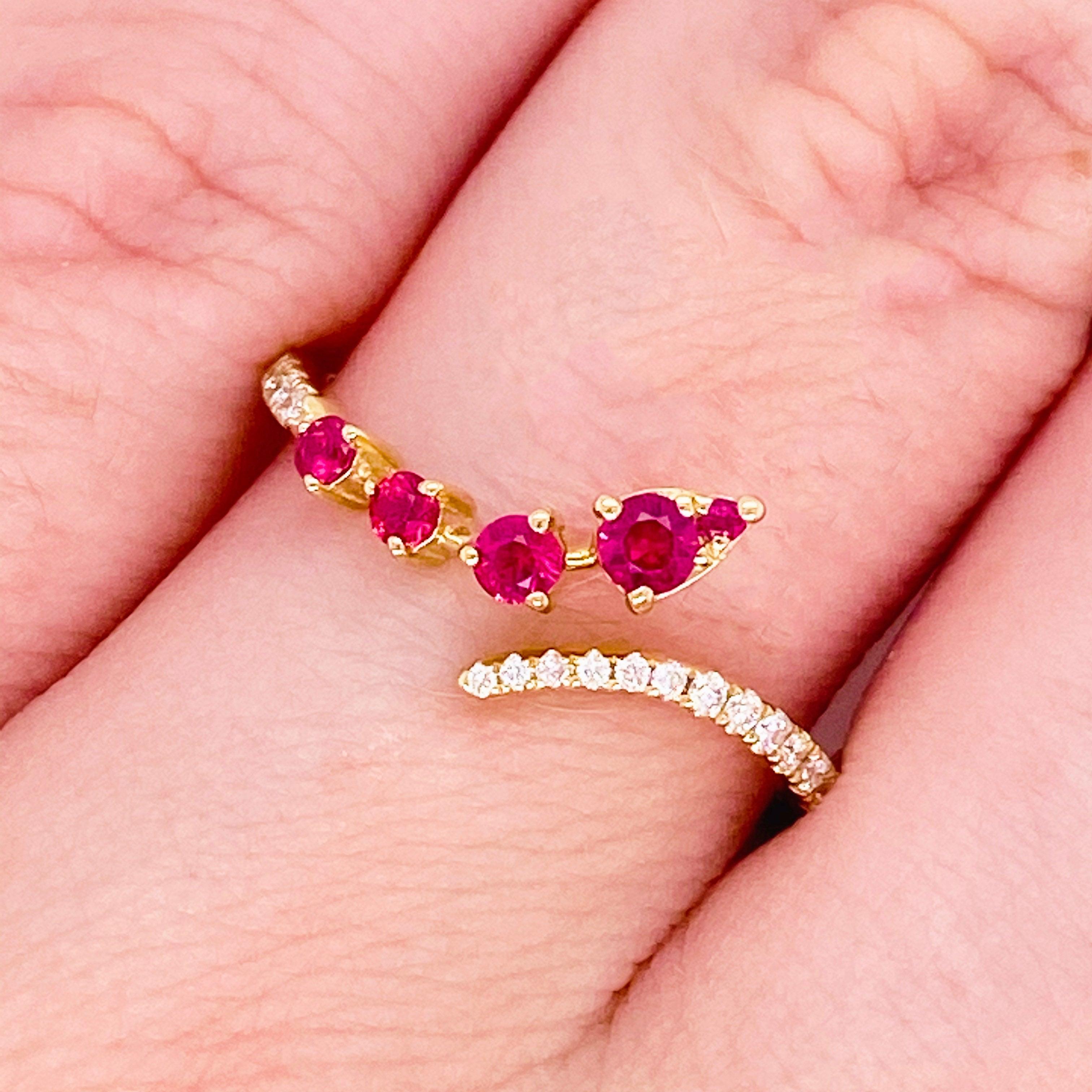 For Sale:  Ruby Diamond Ring, Red Ruby, 14k Yellow Gold, Bypass, Stack, Fashion, Freeform 2