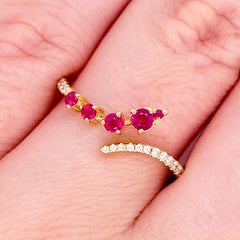 Ruby Diamond Ring, Red Ruby, 14k Yellow Gold, Bypass, Stack, Fashion, Freeform