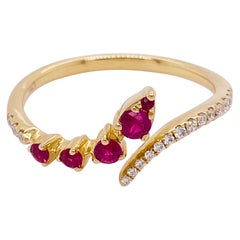 Ruby Diamond Ring, Red Ruby, 14k Yellow Gold, Bypass, Stack, Fashion, Freeform