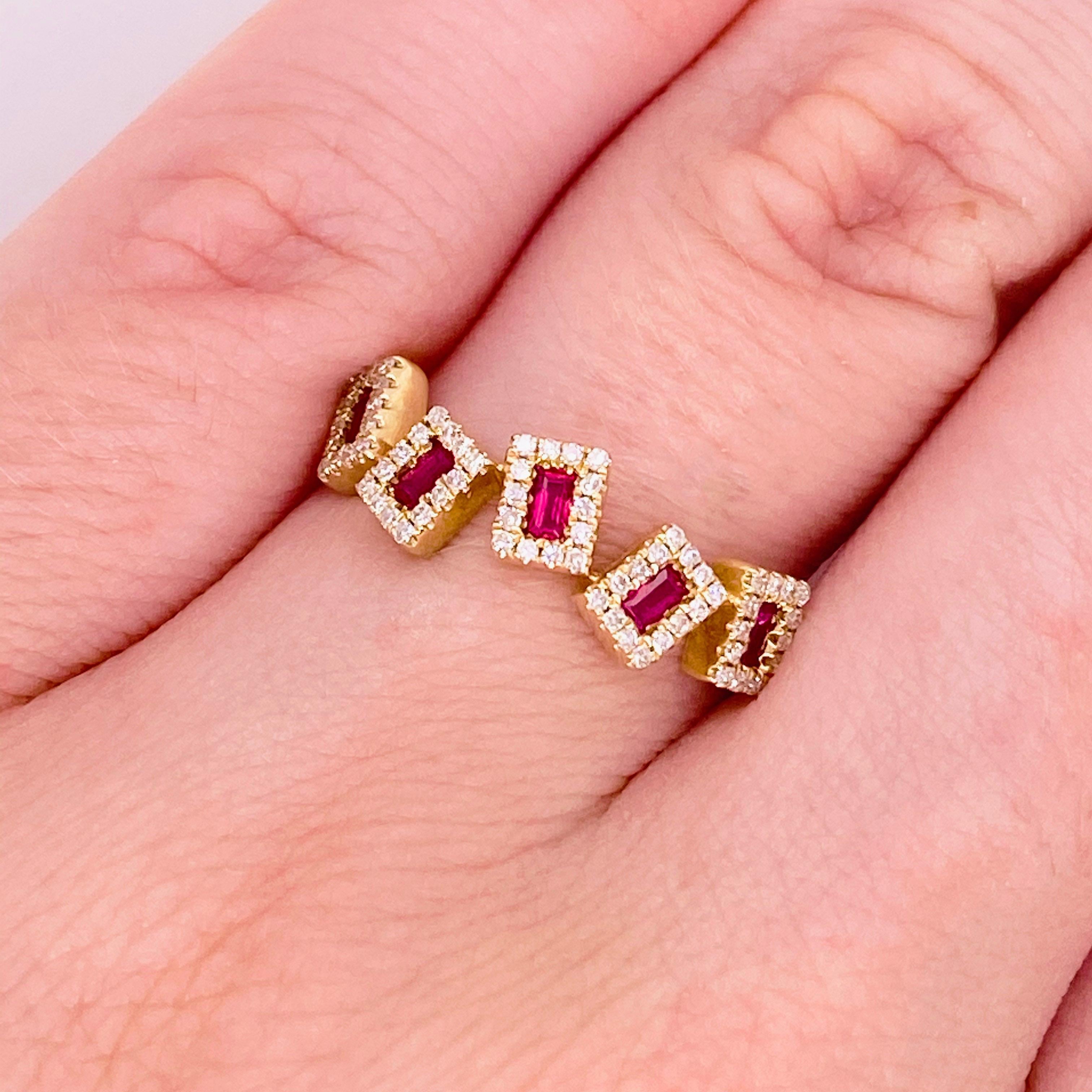 These stunning rectangular rubies are surrounded by frames of accent diamonds and set in polished 14 karat yellow gold. This modern artistic look shows your flair and style. Rock what you love! It is also classy enough to pair easily with formal