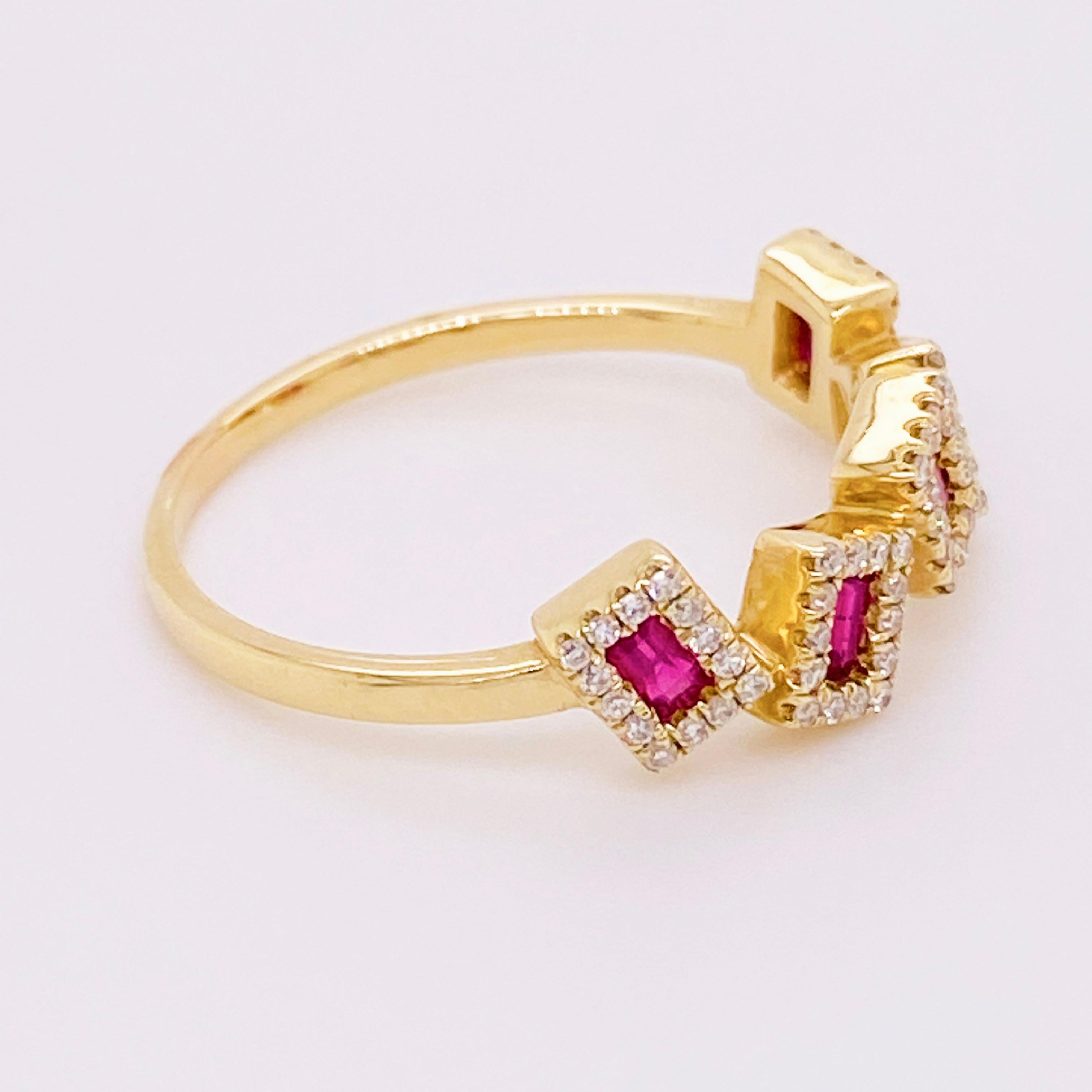 Modern Dancing Ruby Rectangles Ring, Ruby and Diamond, 14K Yellow Gold, Artistic For Sale