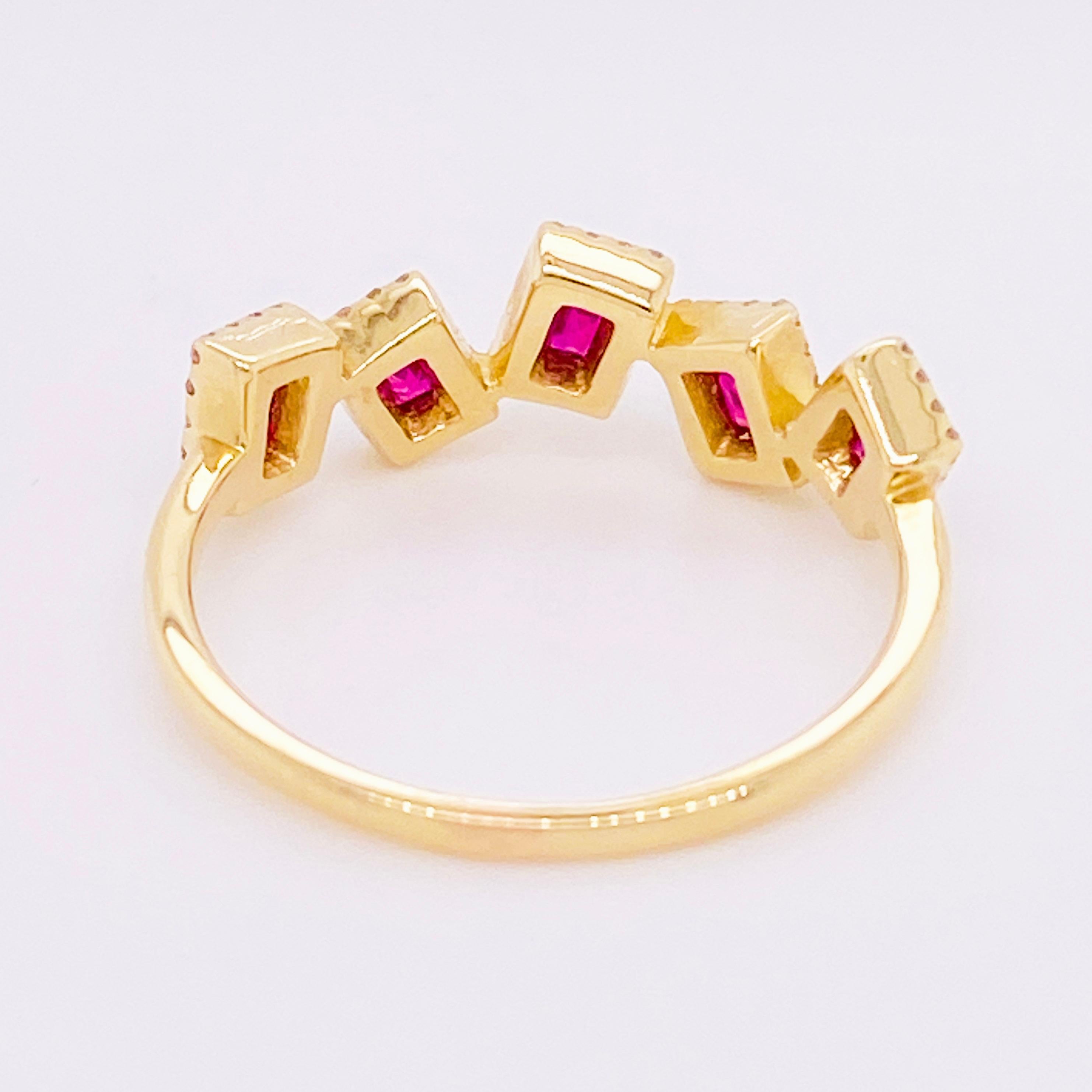 Dancing Ruby Rectangles Ring, Ruby and Diamond, 14K Yellow Gold, Artistic In New Condition For Sale In Austin, TX