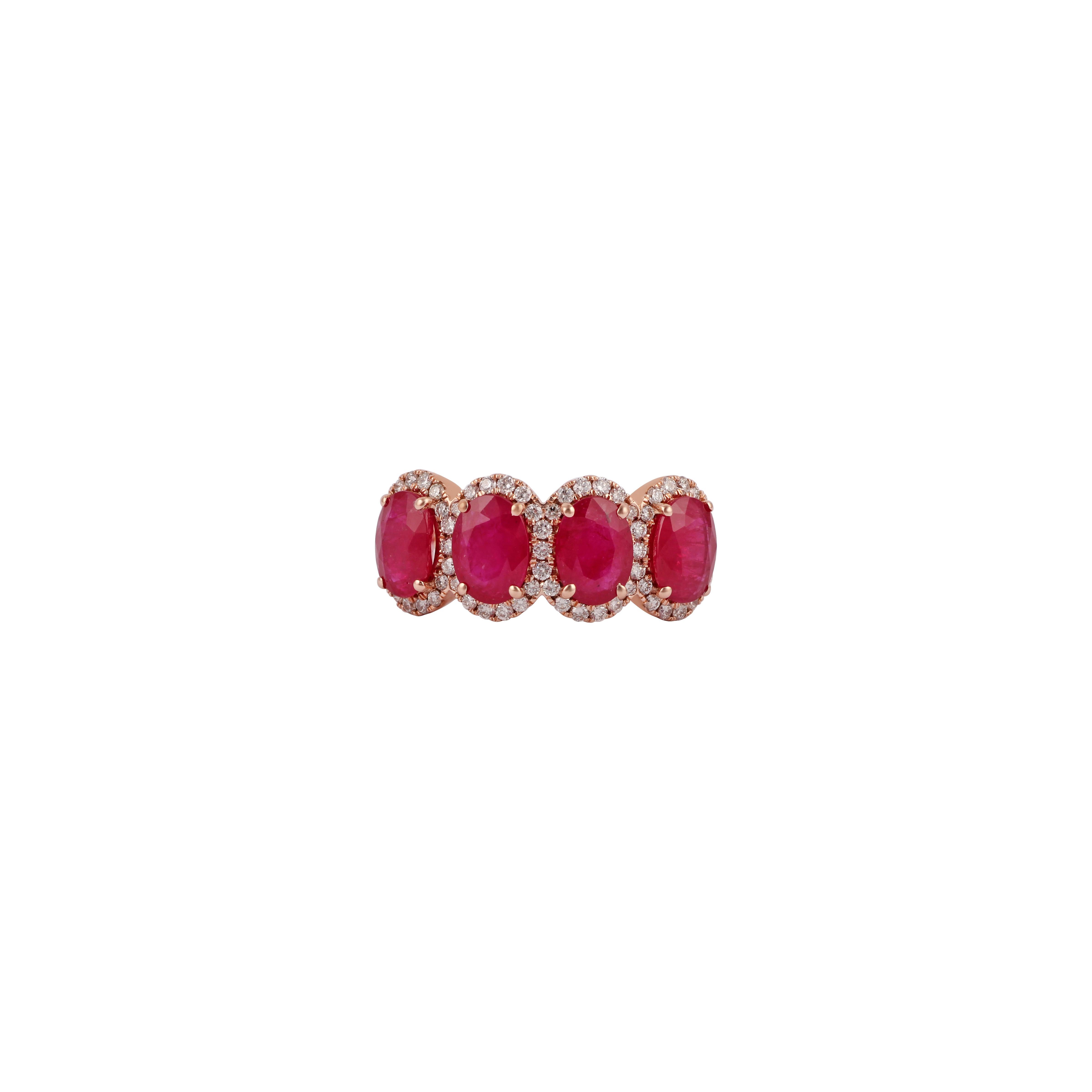 Its an elegant ruby & diamond ring studded in 18k rose gold with 4 pieces of oval shaped ruby weight 3.20 carat which is surrounded by 63 pieces of round shaped diamond weight 0.46 carat, this entire ring is studded in 18k rose gold weight 4.42