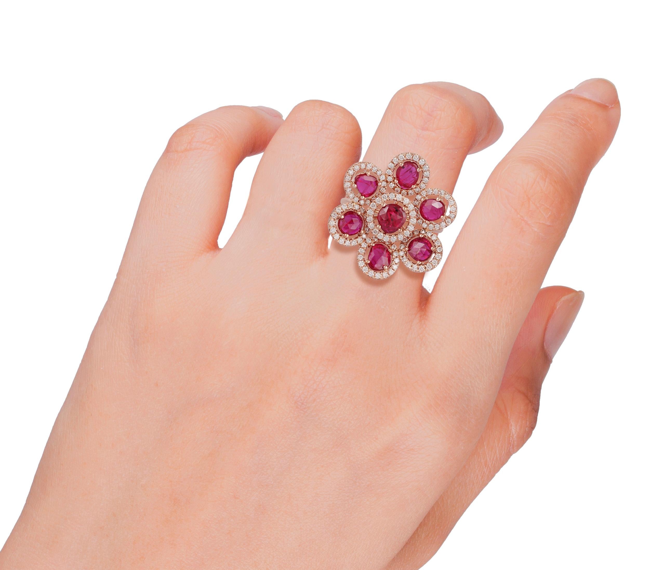 Rose Cut Ruby and Diamond Ring Studded In 18 Karat Rose Gold
