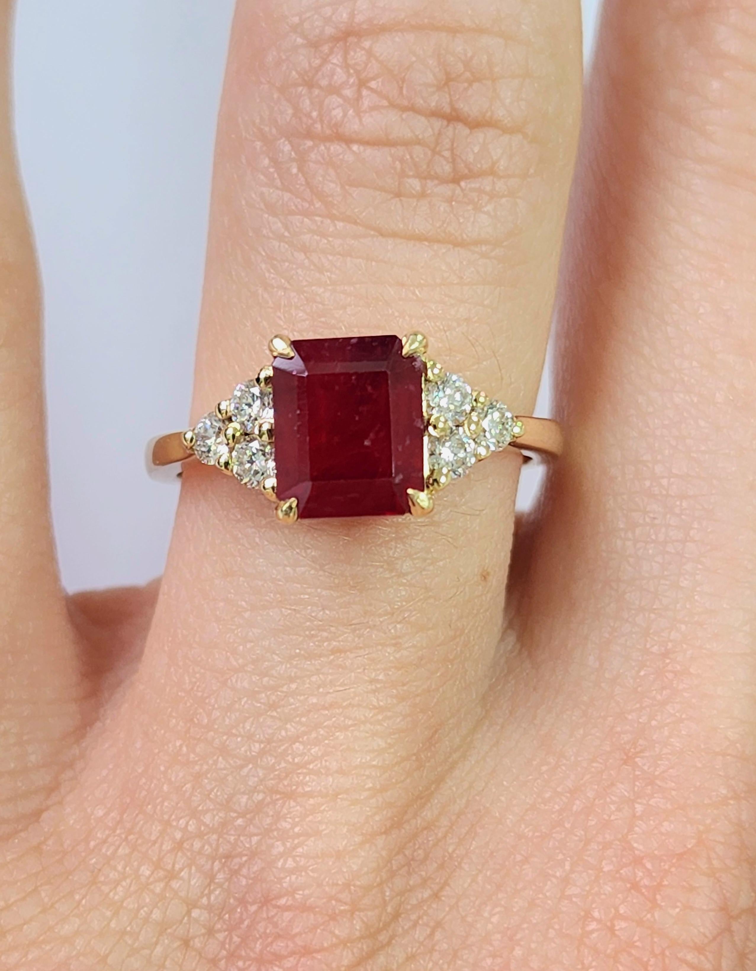 Unique Ring set with a Square Emerald Shape Red Ruby (Total Weight 2.17 Carat) adorned with smaller Round Diamonds (Total Weight 0.30 Carat) in 14K Yellow Gold 

Ruby Diamond Ring Total Carat Weight 2.47 Carat

Diamond - Centerstone
Shape: Square
