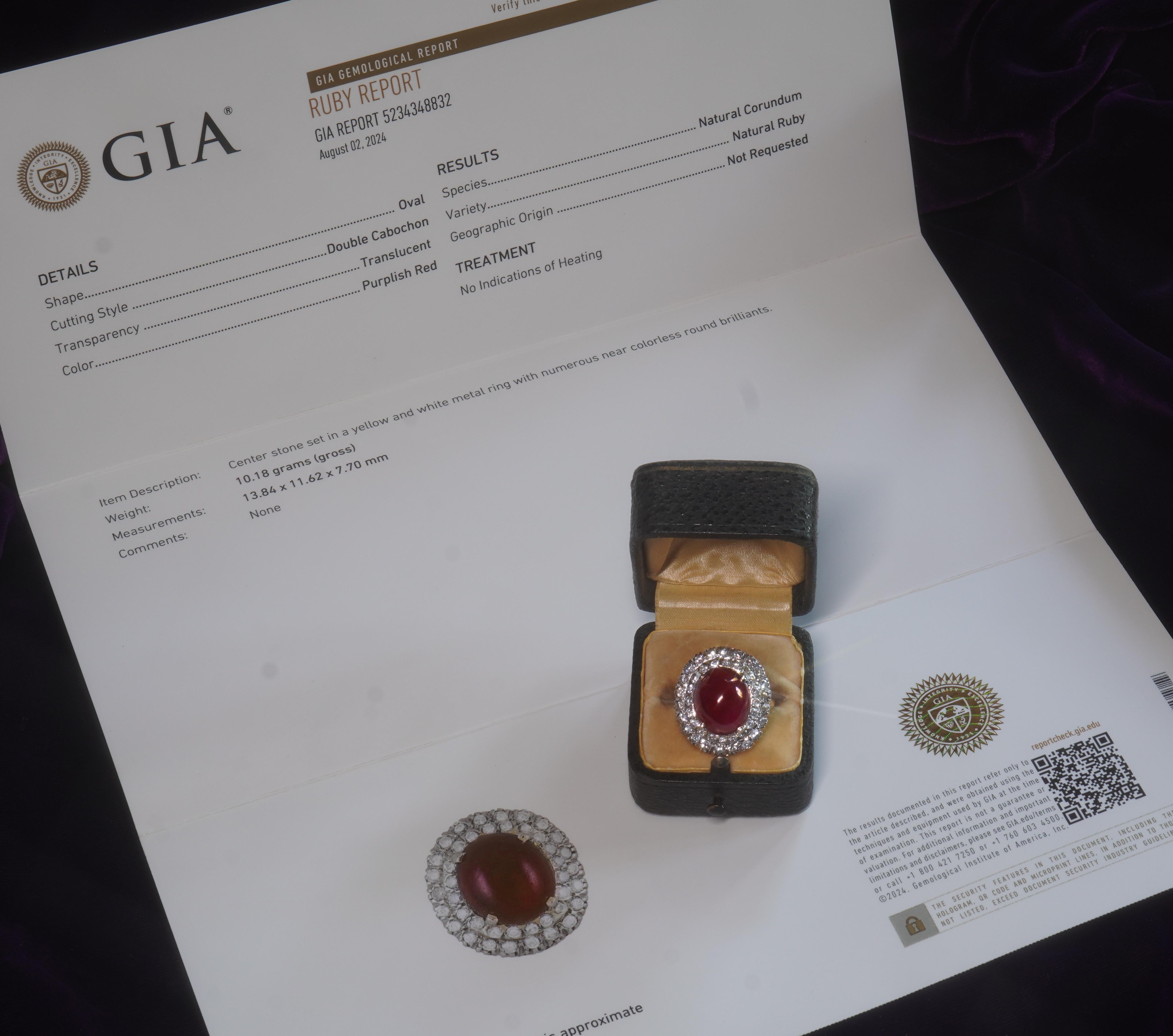 Cabochon Ruby Diamond Ring Vintage 14K GIA Unheated Certified VS Natural Huge 14.88 CTS