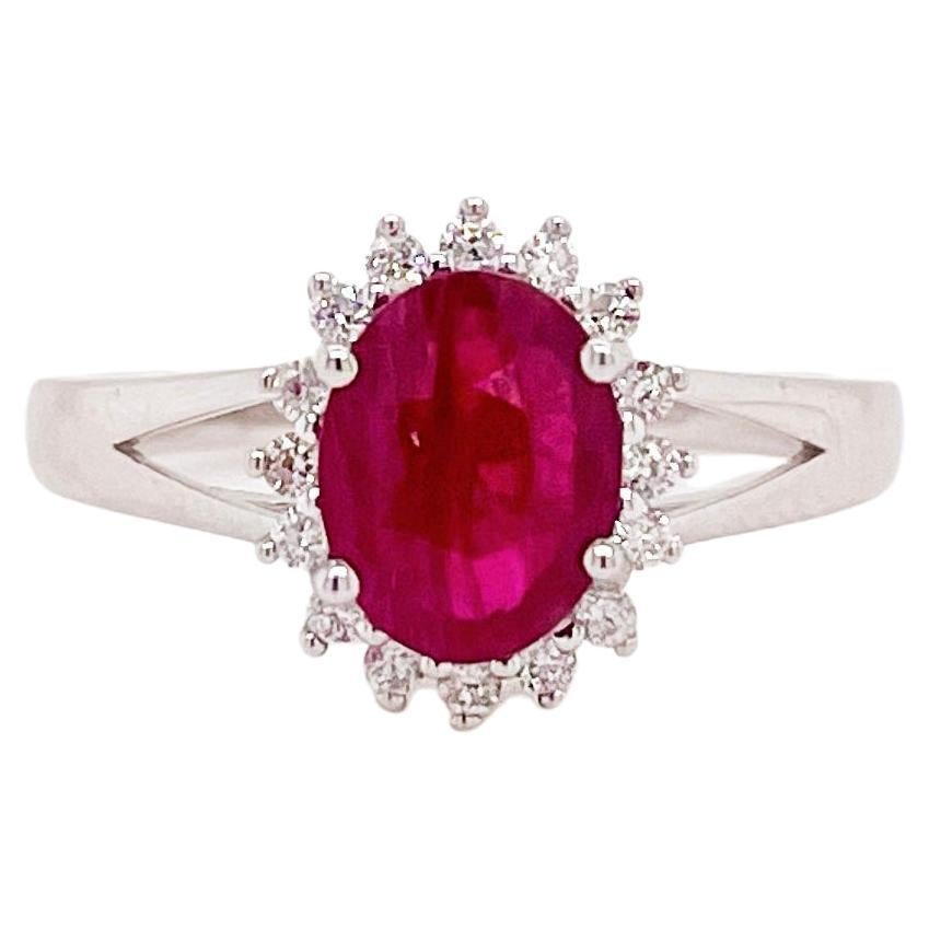 For Sale:  Ruby Diamond Ring, White Gold, Oval Ruby and Diamond Halo, Split Shank